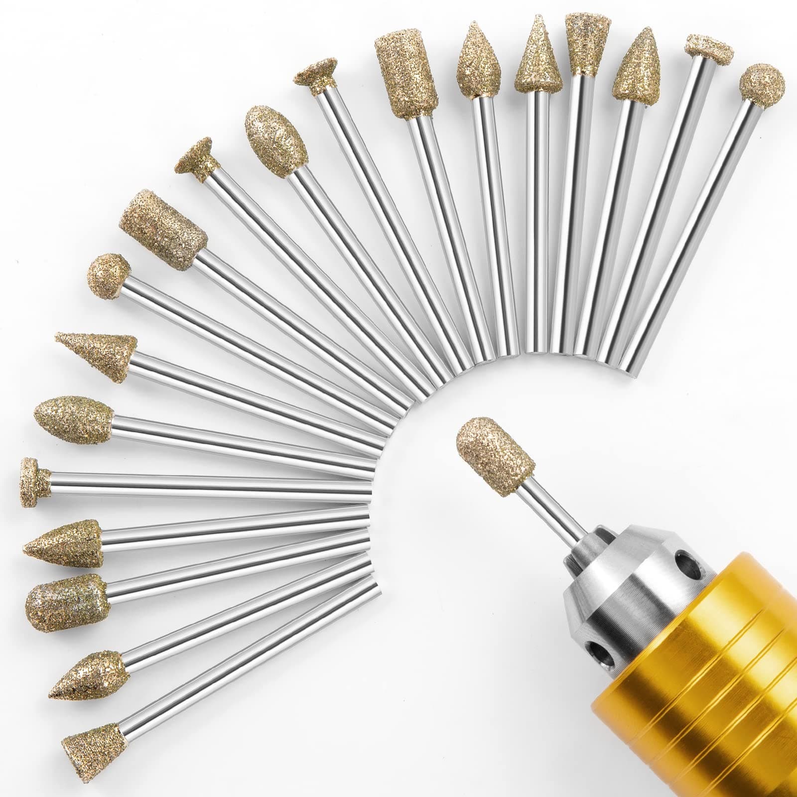 Diamond Grinding Burr Bit Set,20Pcs Rotary Tool Accessories Diamond Burr Set with i/8 inch Shank for for Stone Ceramic Glass Carving, Grinding, Polishing, Engraving