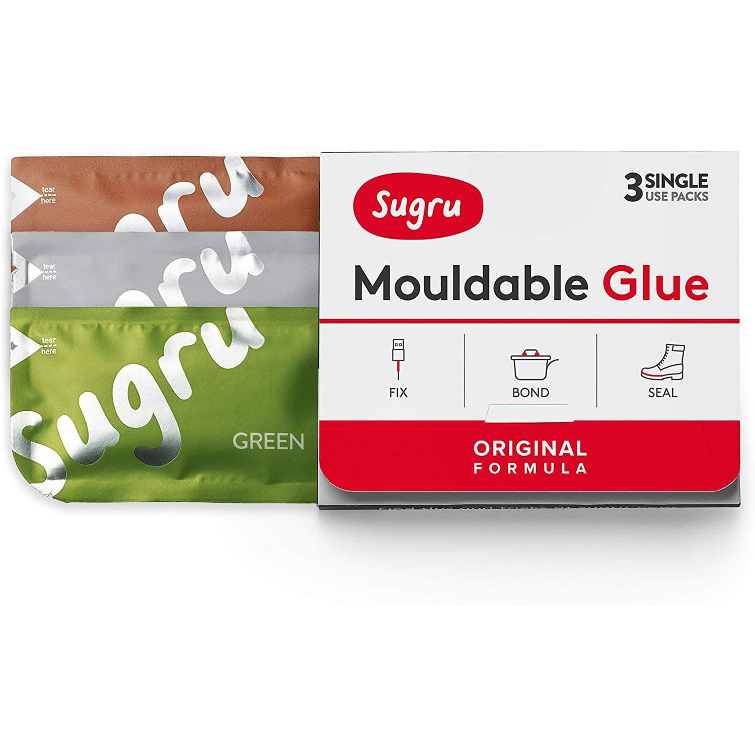 Sugru Mouldable Glue - Original Formula - All-Purpose Adhesive, Advanced Silicone Technology - Holds up to 2 kg - Black, White & Red 3-Pack