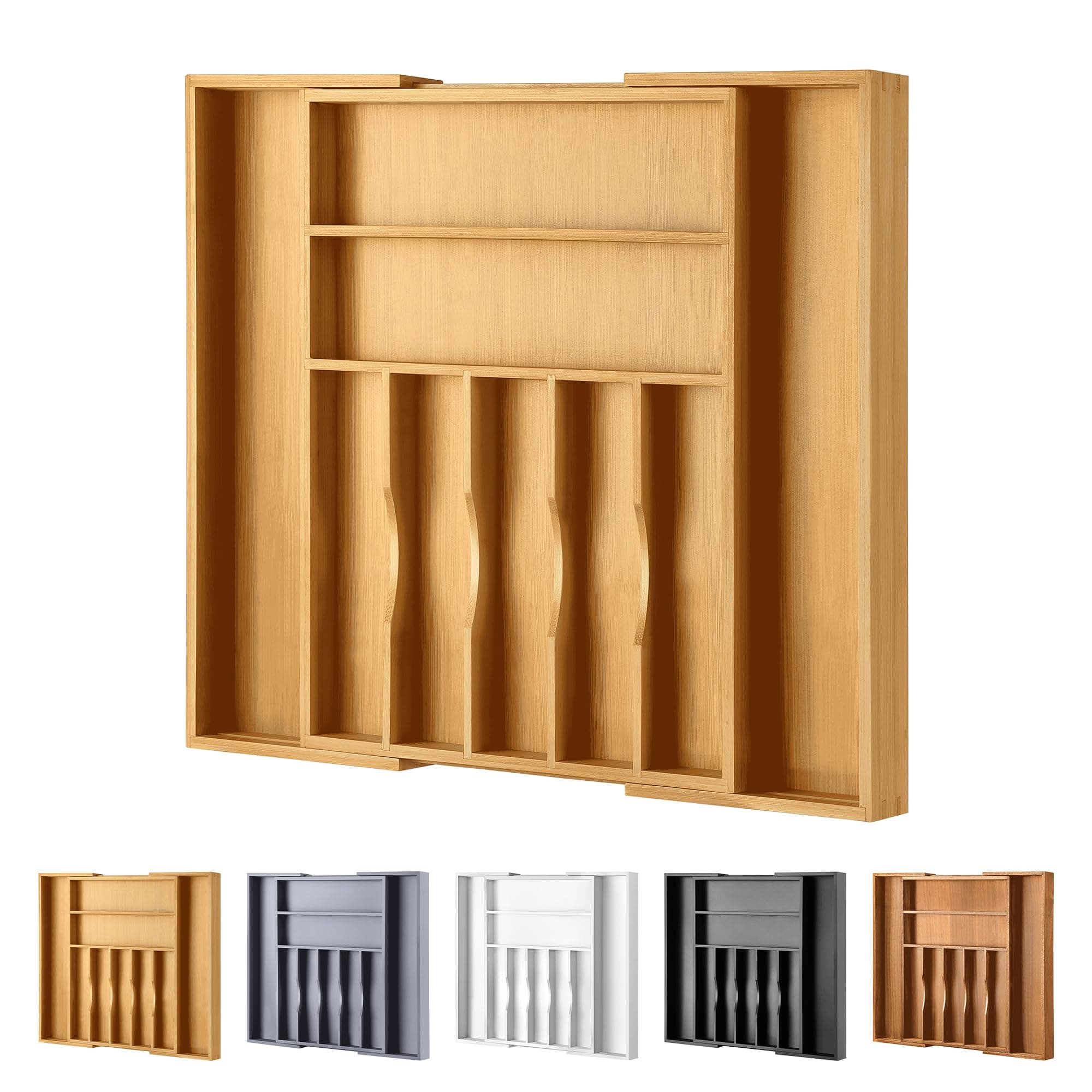 Large Premium Bamboo Silverware Organizer - Expandable Drawer Organizer & Utensil Organizer - 17"x19.7" Cutlery Tray with Dividers for Kitchen Utensils and Flatware (7-9 Slots) (Natural)