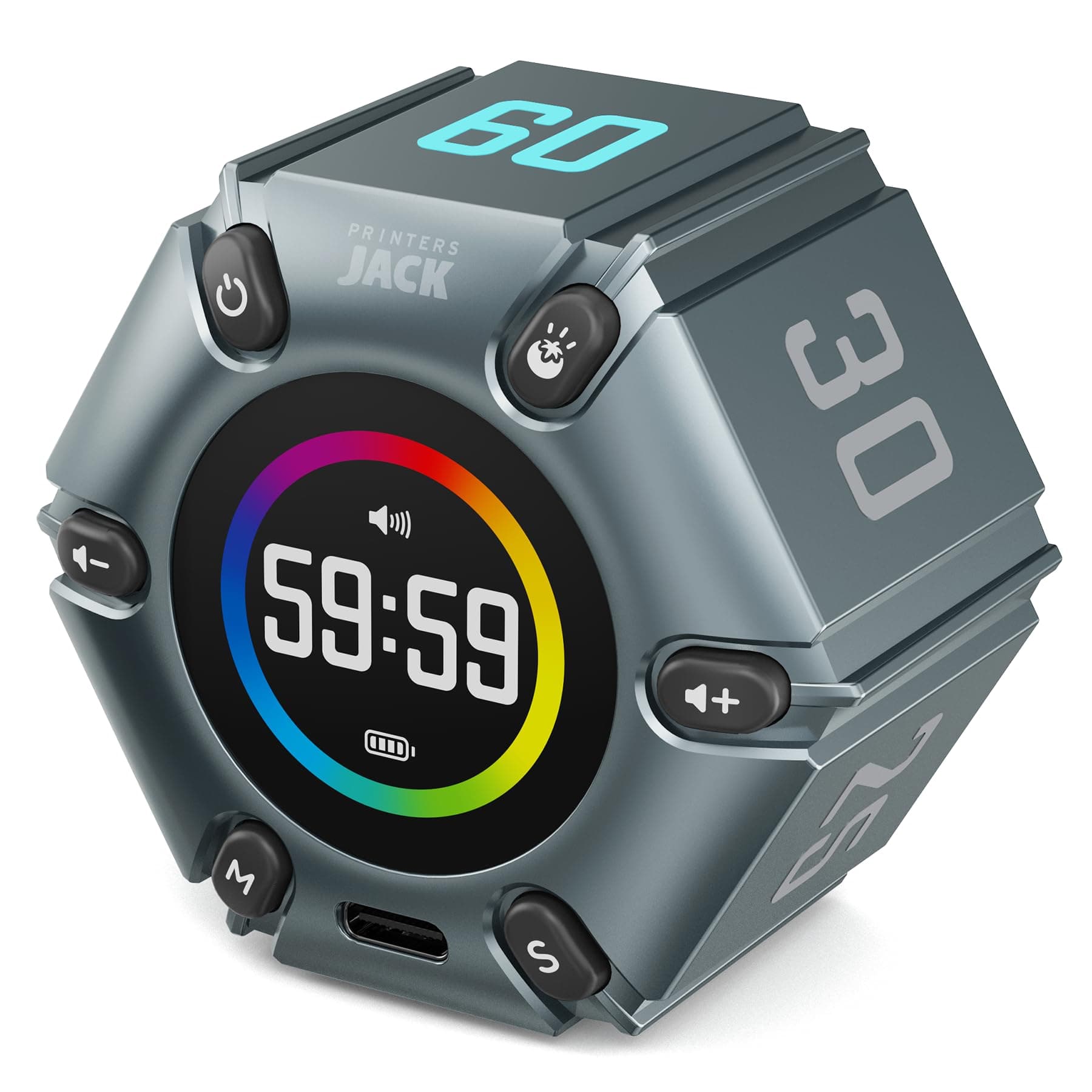 Printers Jack Timer, Visual Pomodoro Timer, Productivity Cube Mute & Vibration & Adjustable Sound Alert, for Office, ADHD, Study, Work, 3/5/10/25/30/60min & Custom Countdown - Iron Gray