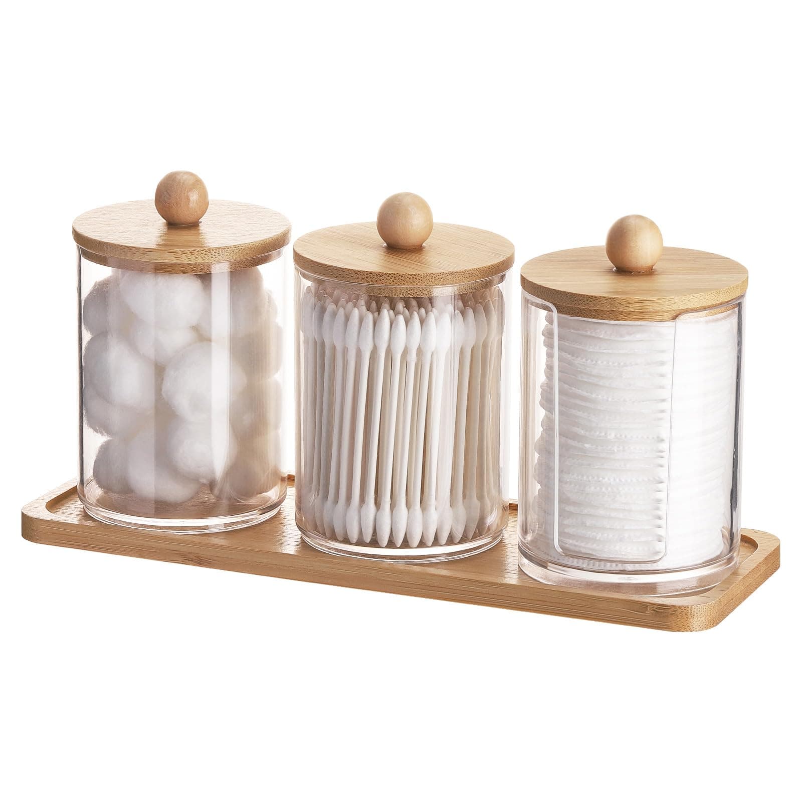 Tbestmax 10 oz Qtip Holder with Vanity Tray, 3 Pack Cotton Swab/Ball/Pad Dispenser Apothecary Jar, Clear Bathroom Containers Dispenser for Storage Bamboo Lids