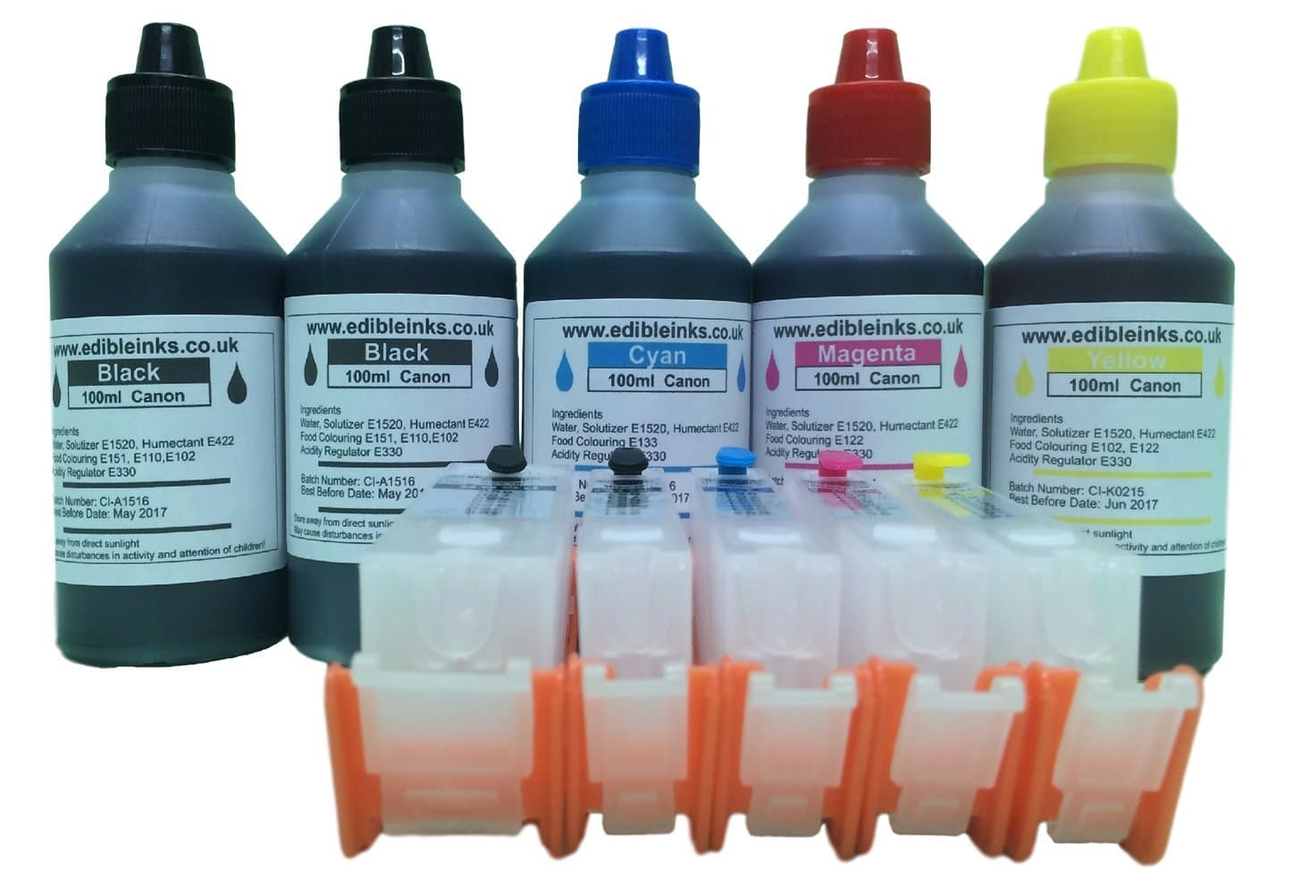 PGI-550/CLI-551 Edible Ink refillable Cartridge kit consisting of, a Set of 5 Empty refillable Edible Ink cartridges and 500ml of Edible Ink for use on Canon Printer Models IP7250, MG5450, MG5550