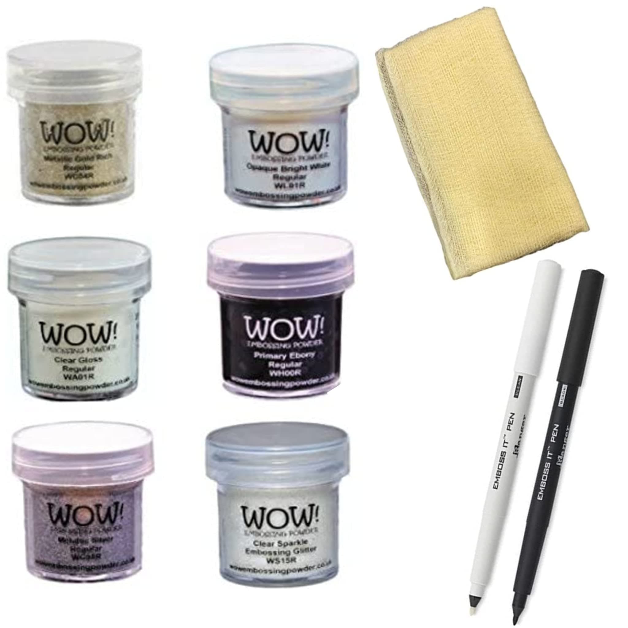 Embossing Starter Kit Bundle - 6 Embossing Powders, 1 Bye Bye Static Pad and Two Ranger Embossing Pens (Black/White pens)