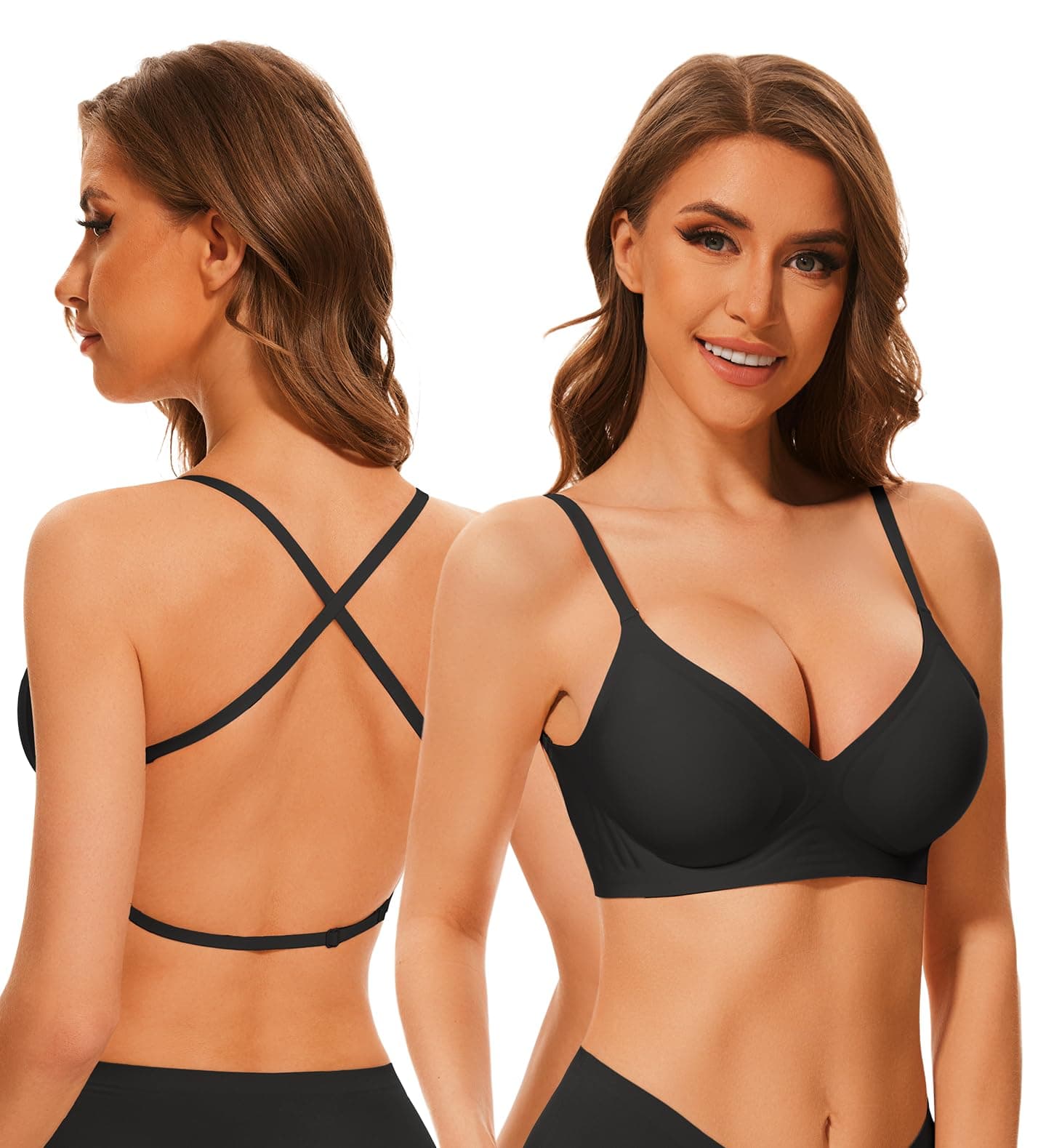 Deep V Neck Backless Bras for Women Padded Bralette Push Up Seamless Wire-Free Low Back Bra Convertible Straps