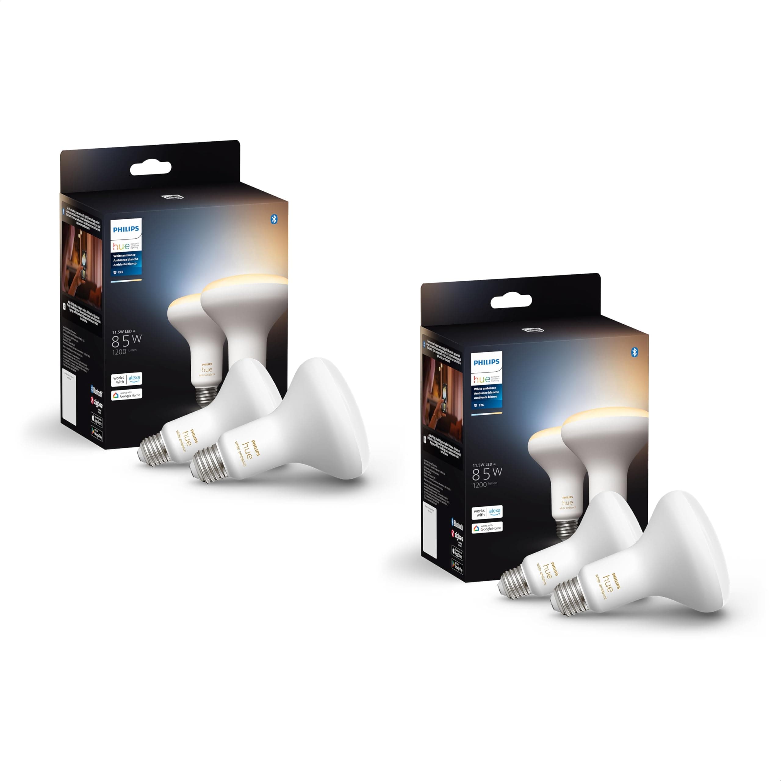Philips Hue BR30 85W Smart LED Light Bulbs - White Ambiance - 4 Pack - 1200LM - E26 - Indoor - Control with App - Compatible with Alexa Google Assistant, and Apple Homekit