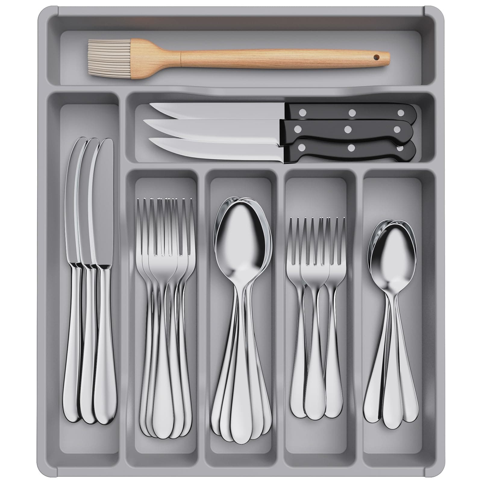 Lifewit Silverware Drawer Organizer Tray, Plastic Cutlery Storage for Kitchen Drawer, Flatware and Utensil Holder Divider for Spoons Forks Knives Tableware, 7 Compartment, Gray