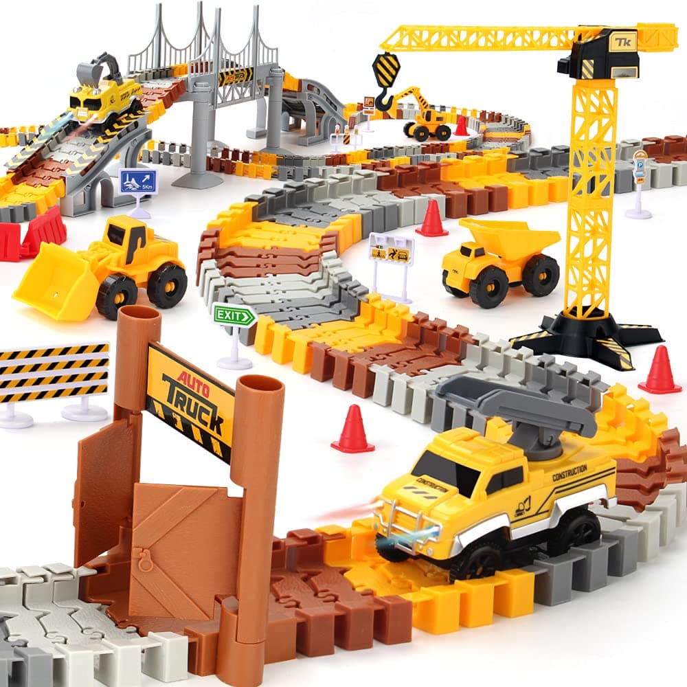 Construction Race Tracks Set, Flexible Train Tracks 2 Electric Construction Race Vehicles Lights, STEM Engineering Race Track Toys with Dump Truck, Crane Assort Acessories for Boys Girls