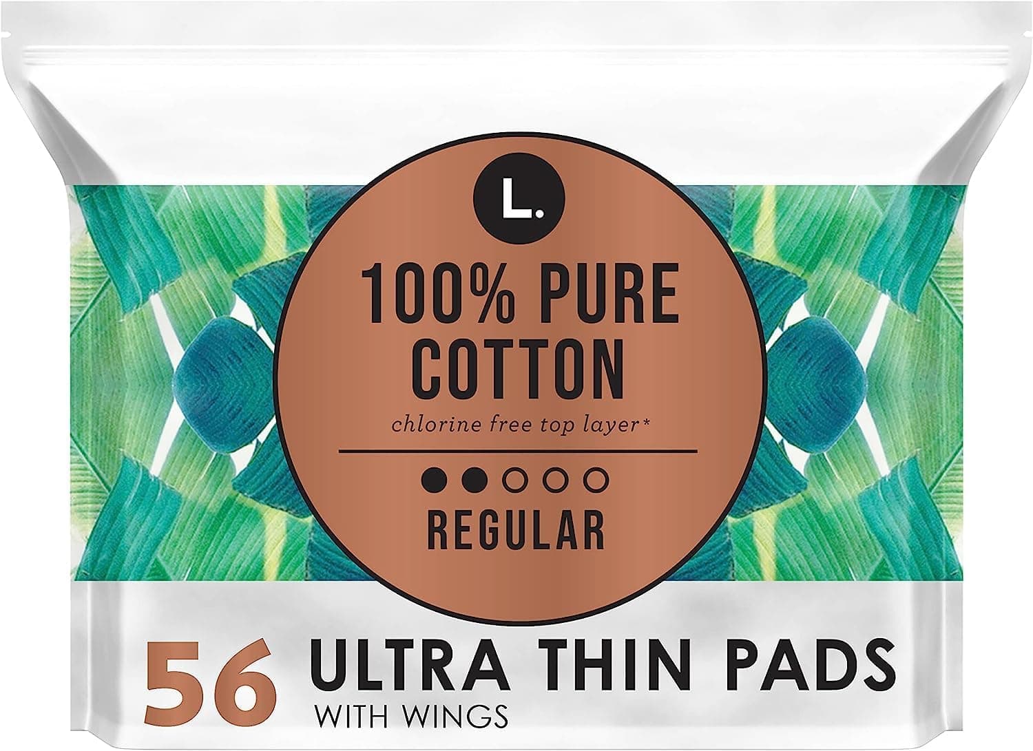 L. Ultra Thin Pads for Women, Regular Absorbency, 100% Pure Cotton Top Layer, Unscented Pads with Wings, 56 Count Total