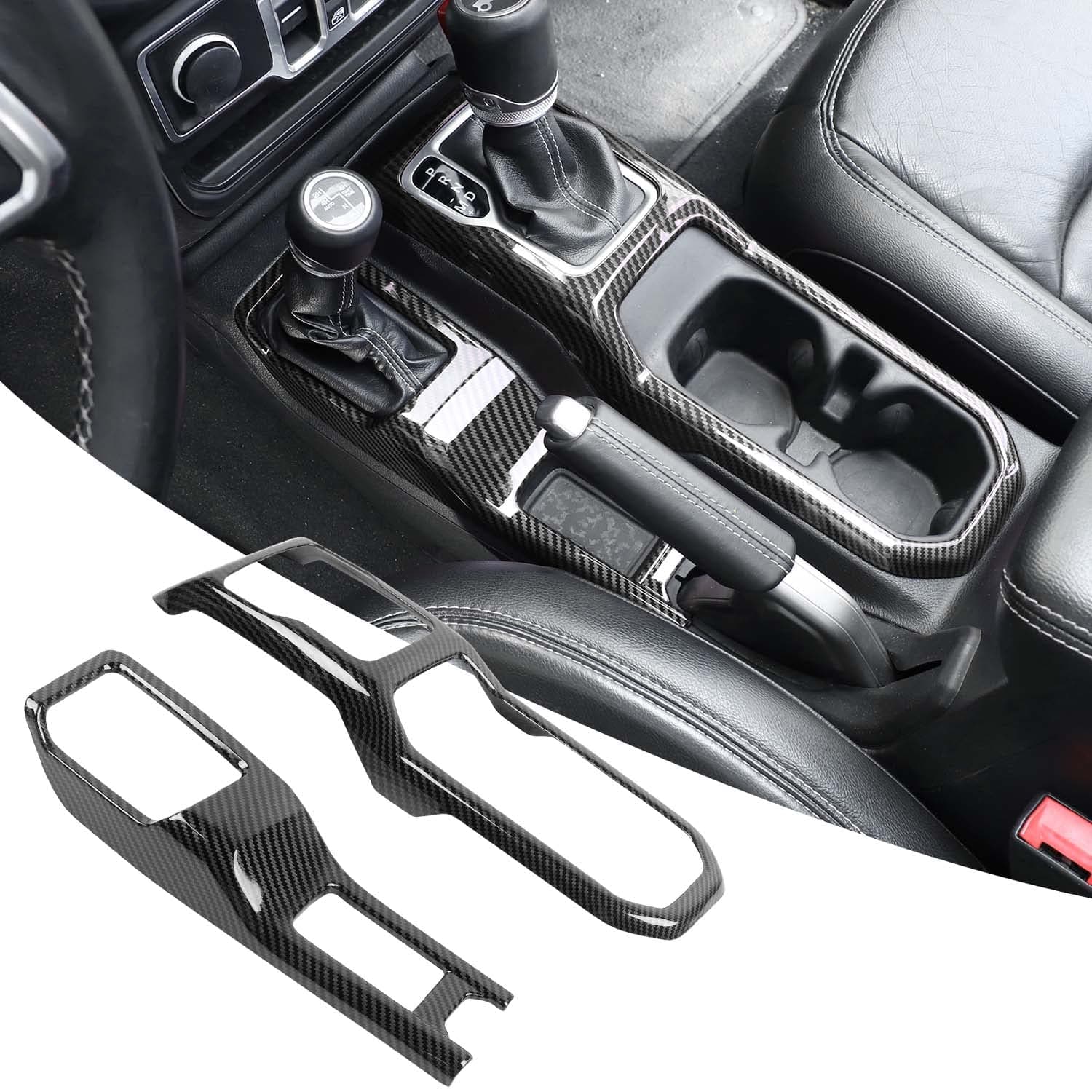 RT-TCZ Carbon Fiber Center Console Gear Shift Panel Trim Cover 4WD Four Wheel Drive Cup Holder Panel Trim Cover Decoration Interior Accessories for Jeep Wrangler JL JLU & Gladiator JT 2018-2024