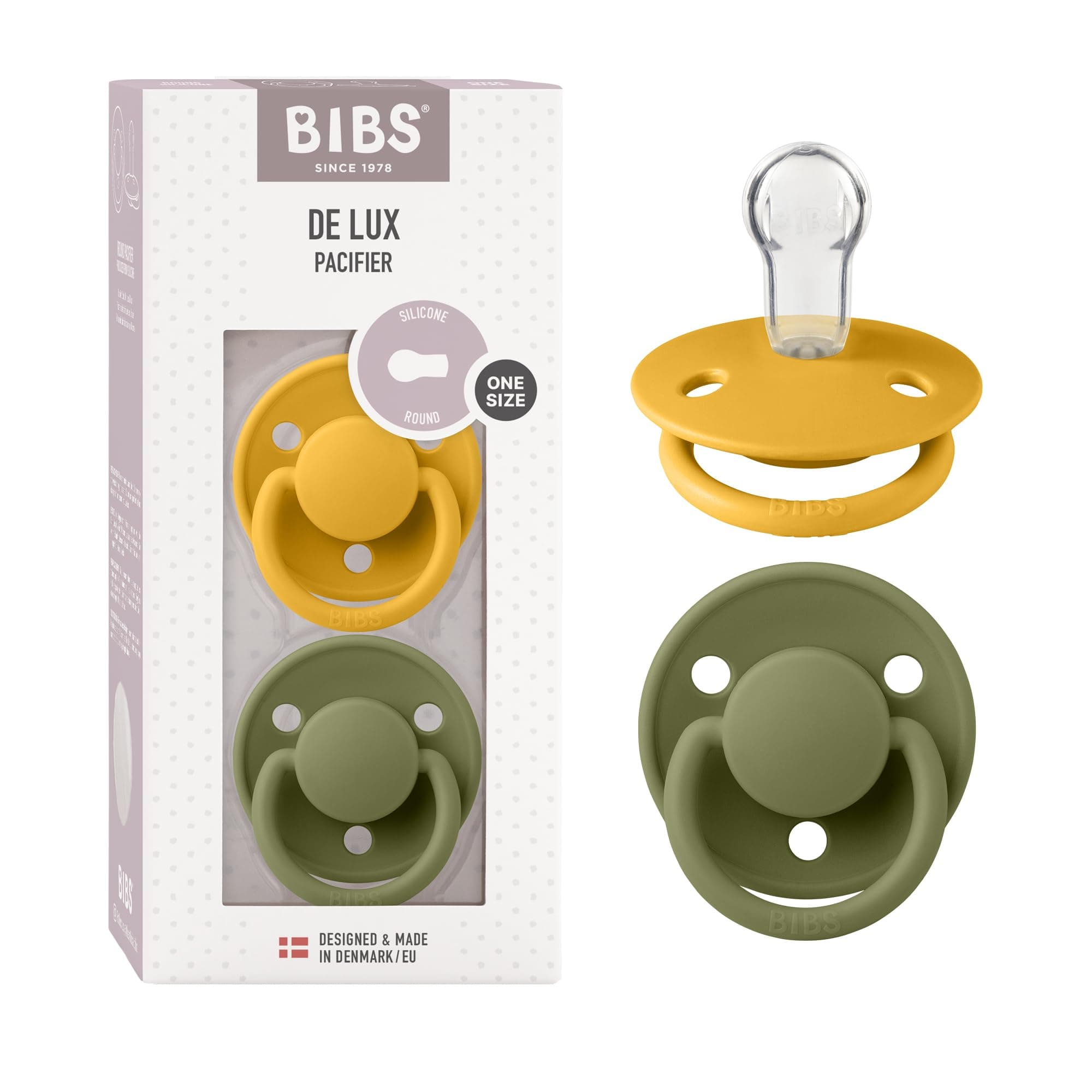 De Lux Baby Pacifier 2-Pack | Made in Denmark | BPA Free Dummy Soother, Round Nipple. Silicone, OneSize (0-36 Months), Honey Bee/Olive