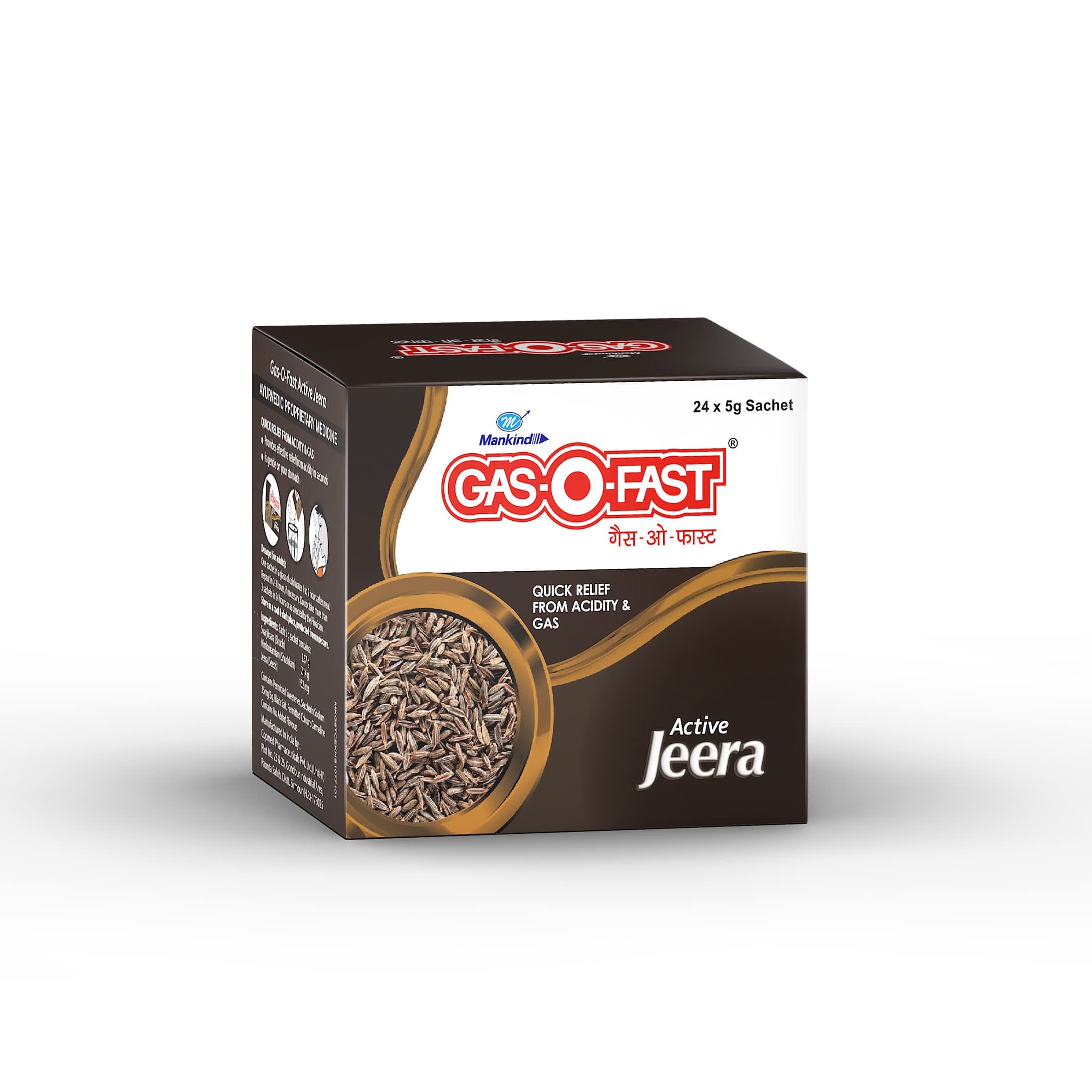 Mankind Gas-O-Fast For Relieving Acidity, Active Jeera- 5 g Sachet (Pack of 24)