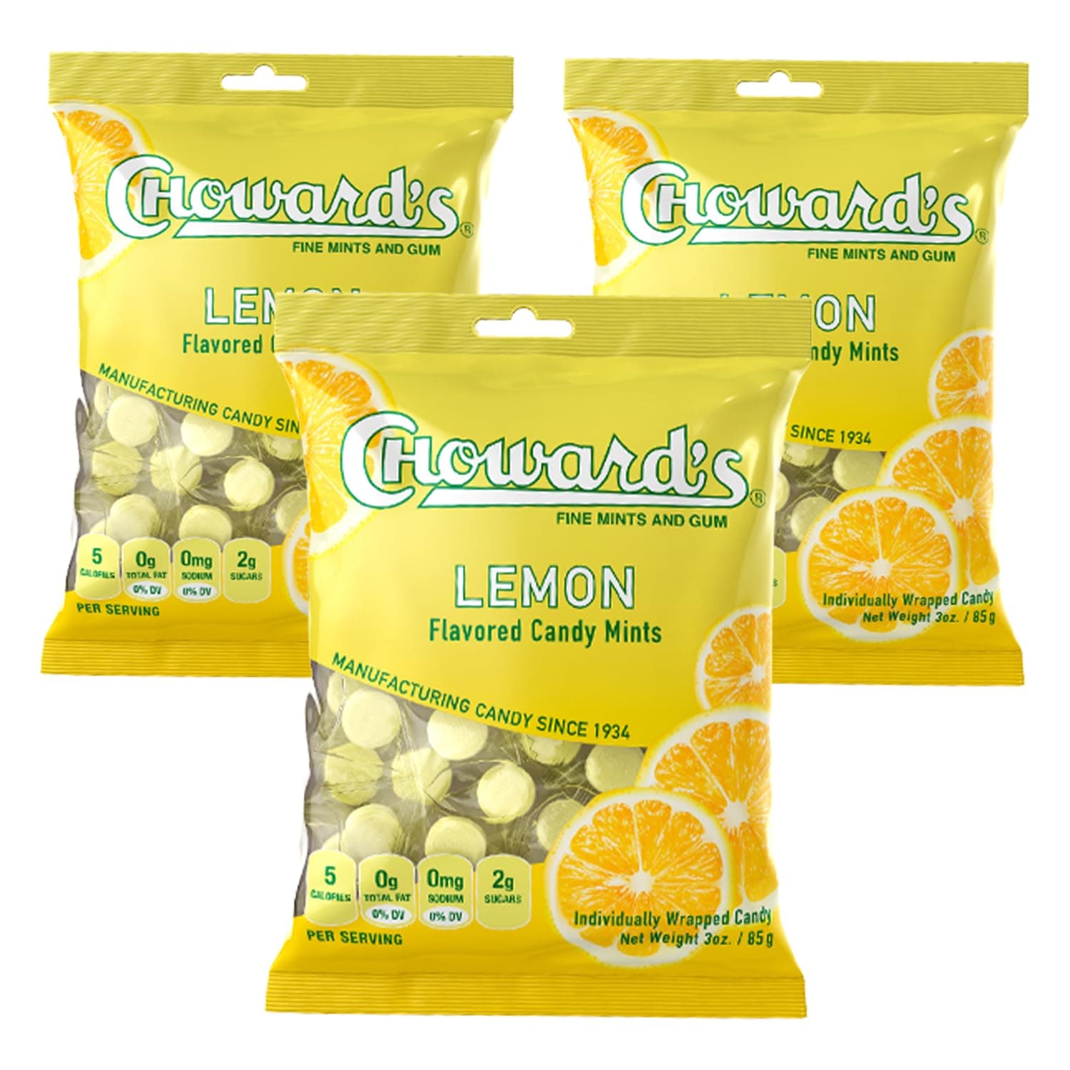 Choward's 3oz Lemon Candy Bags 3 Pack | 49 Pieces Individually Wrapped Candy Mints | Nostalgic Lemon Candy Bags | Perfect for Snacks in Lunchboxes, Pockets, Goodie Bags, and Birthday Parties