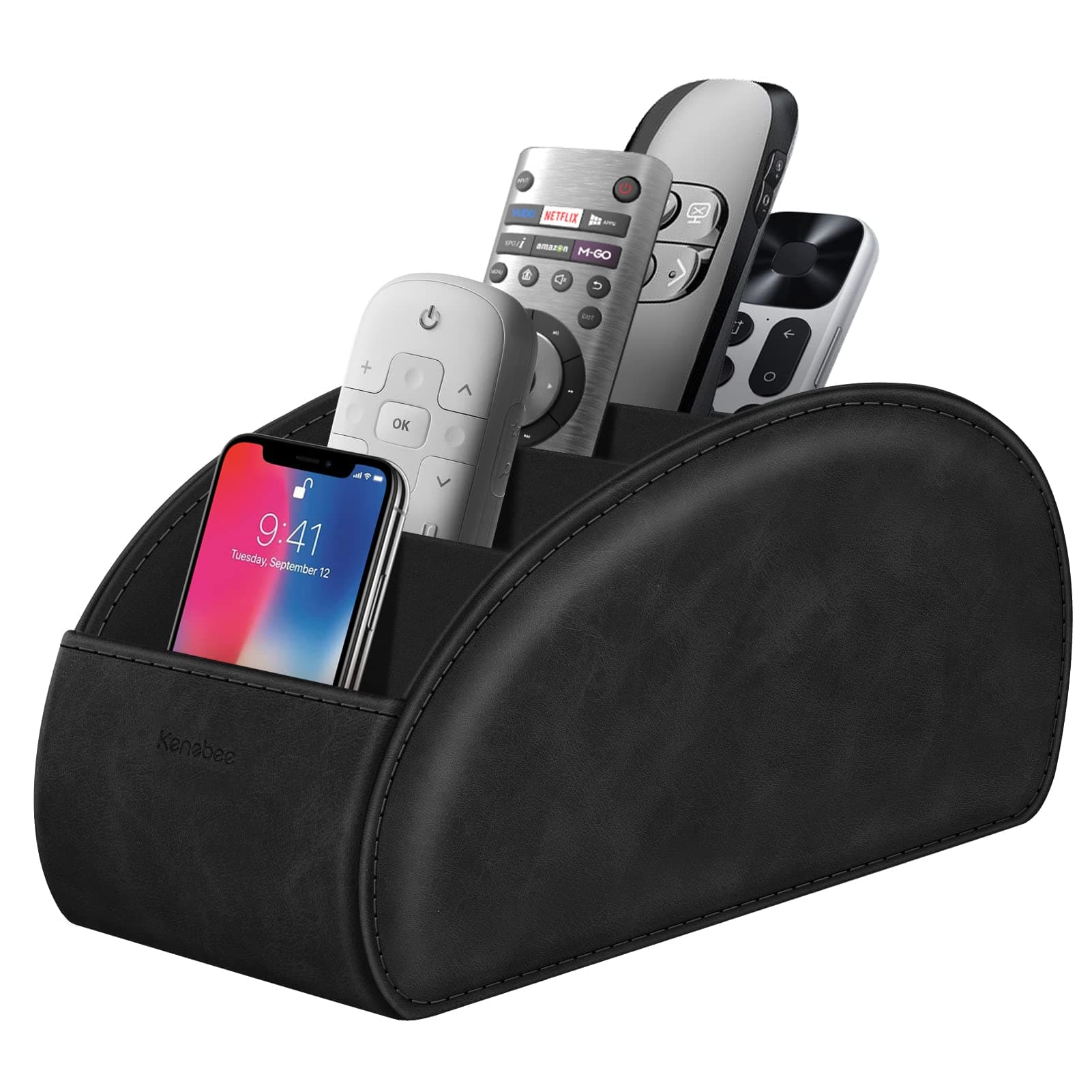 Large Remote Control Holder with 5 Compartments, KENOBEE Anti-slip Desktop Caddy Storage Organizer for Phone, Remote Controllers, Office Supplies, Makeup Brush, Media Accessories, Black