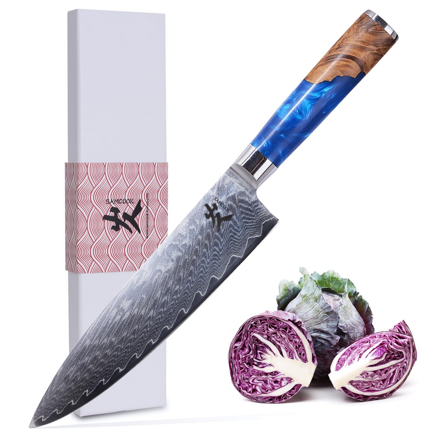 SAMCOOK Chef's Knife, 8 Inch Damascus Profession 67-Layer VG10 High Carbon Stainless Steel Kitchen Knife, with Ergonomic Non-slip Wood Grain Handle and Luxury Gift Box