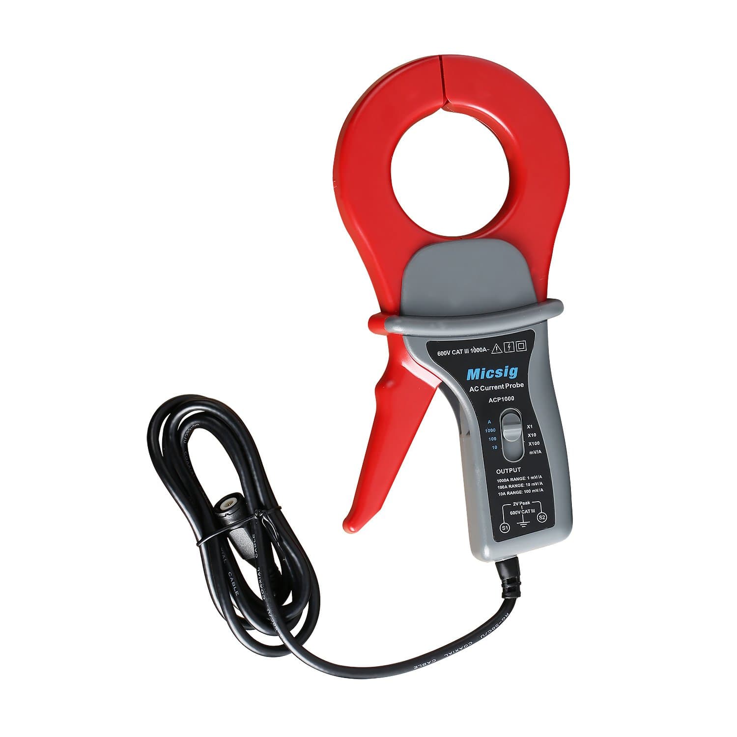 Micsig Oscilloscope ACP1000 AC Current Probe with 5ft BNC Insulated Coaxial Output Cable, Operating Frequency 10Hz-100KHz, Test Current Range 0.1A-1000A