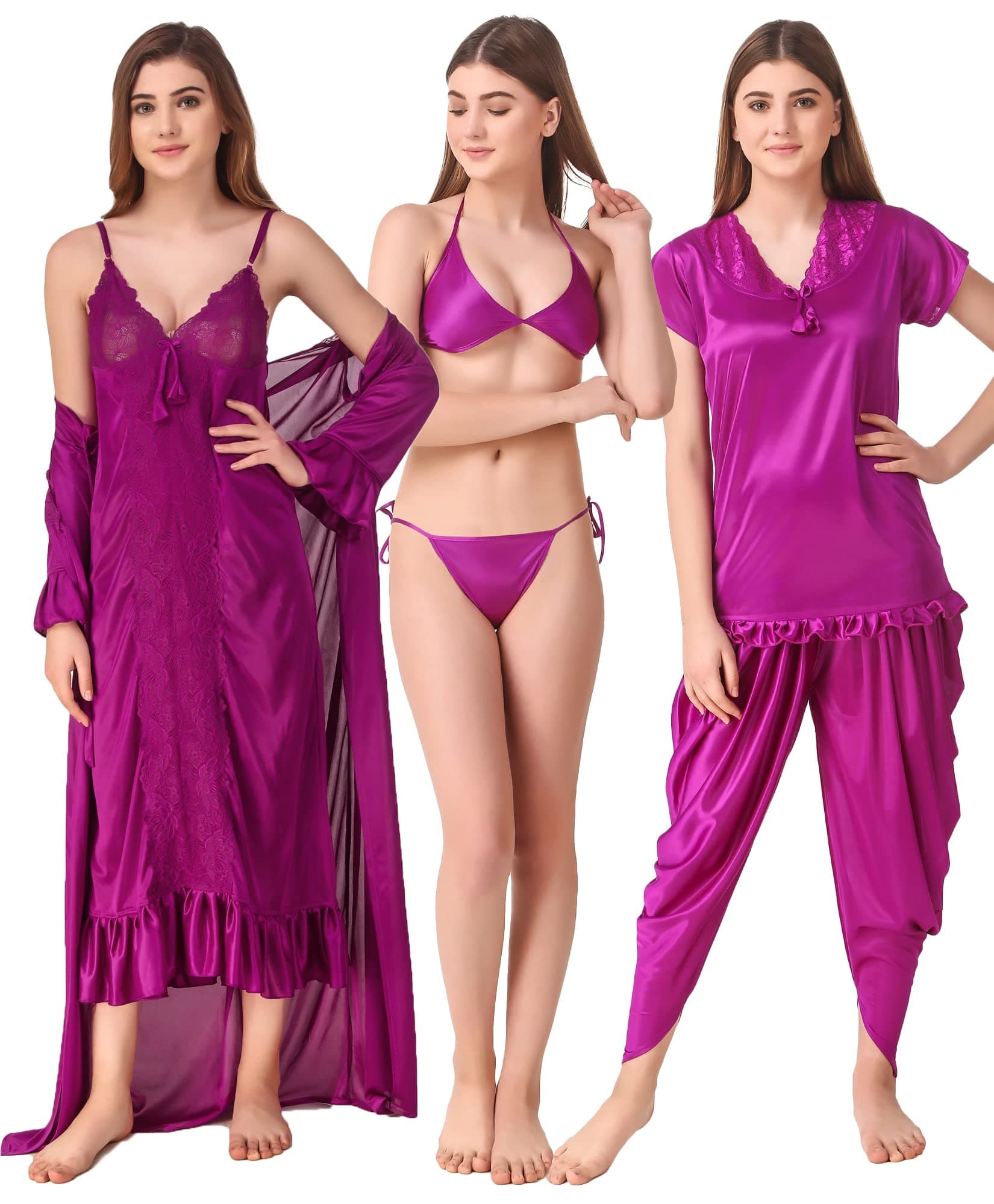 Romaisa Women's Satin Solid Maxi Length Nighty with Robe, Top with Pyjama, Bra with Panty (SP669-329A_Magenta_Free Size) (Nightwear Set Pack of 6)