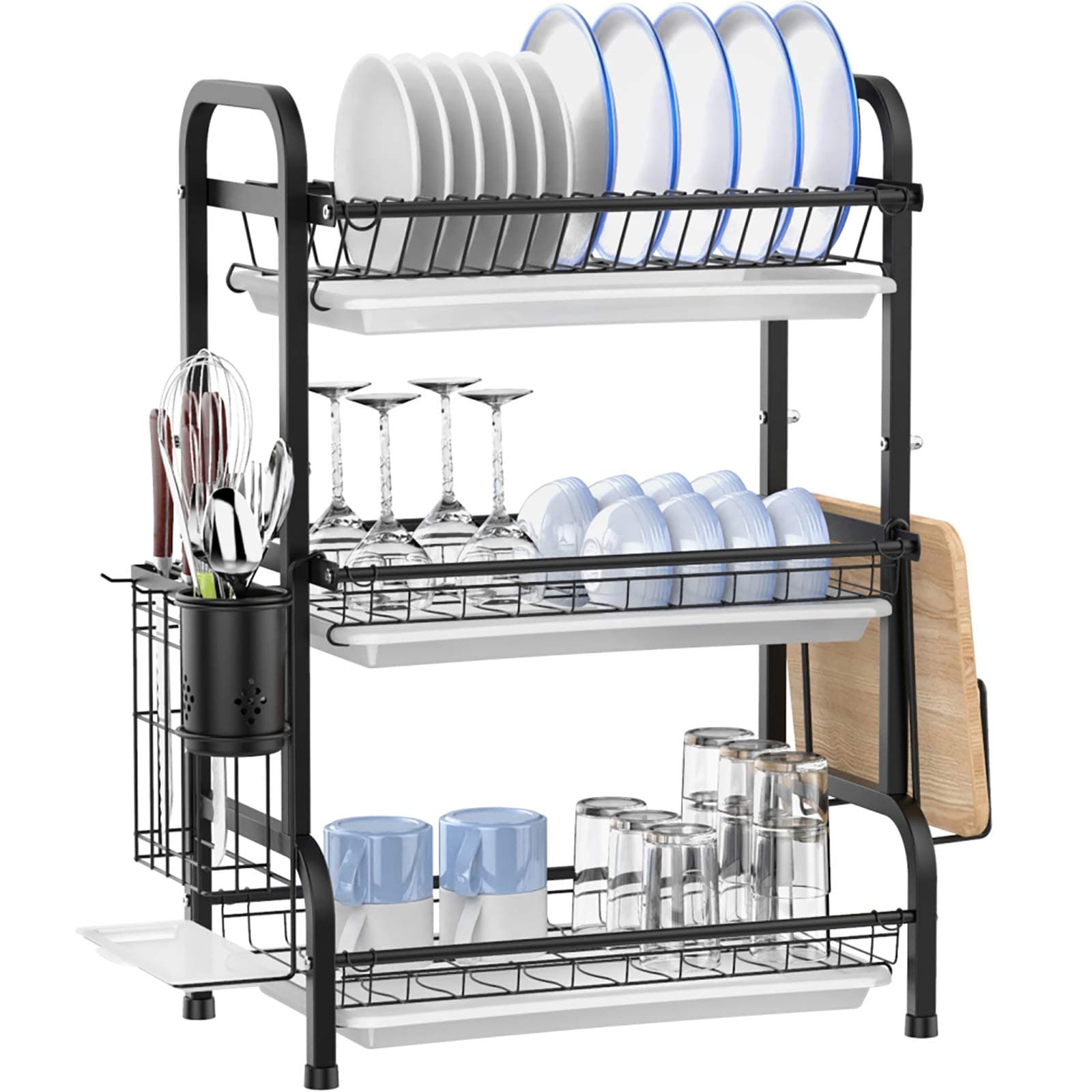 Dish Drying Rack, Ace Teah 3 Tier Dish Drainer, Stainless Steel Dish Rack with Drain Boards and Utensil Holder for Kitchen Counter, Black