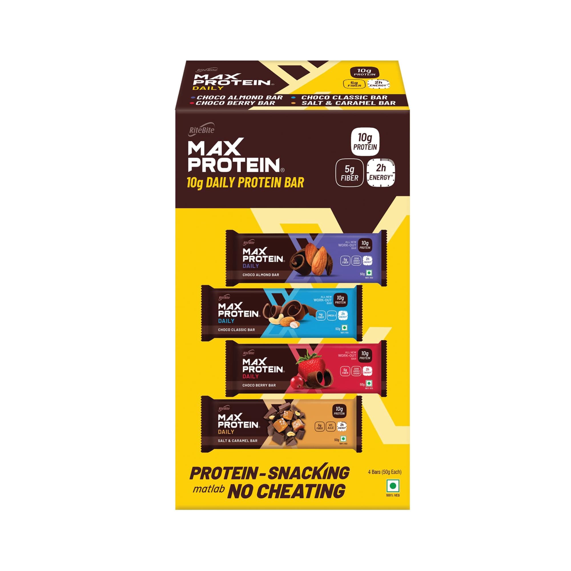 RiteBite Max Protein Daily Assorted (Choco Almond Bar,Choco Classic Bar,Choco Berry Bar,Salt & Caramel Bar),10G Protein,5G Fiber,21 Vit & Minerals|0 Added Sugar & Trans Fat,50 Gram(Pack Of 4)