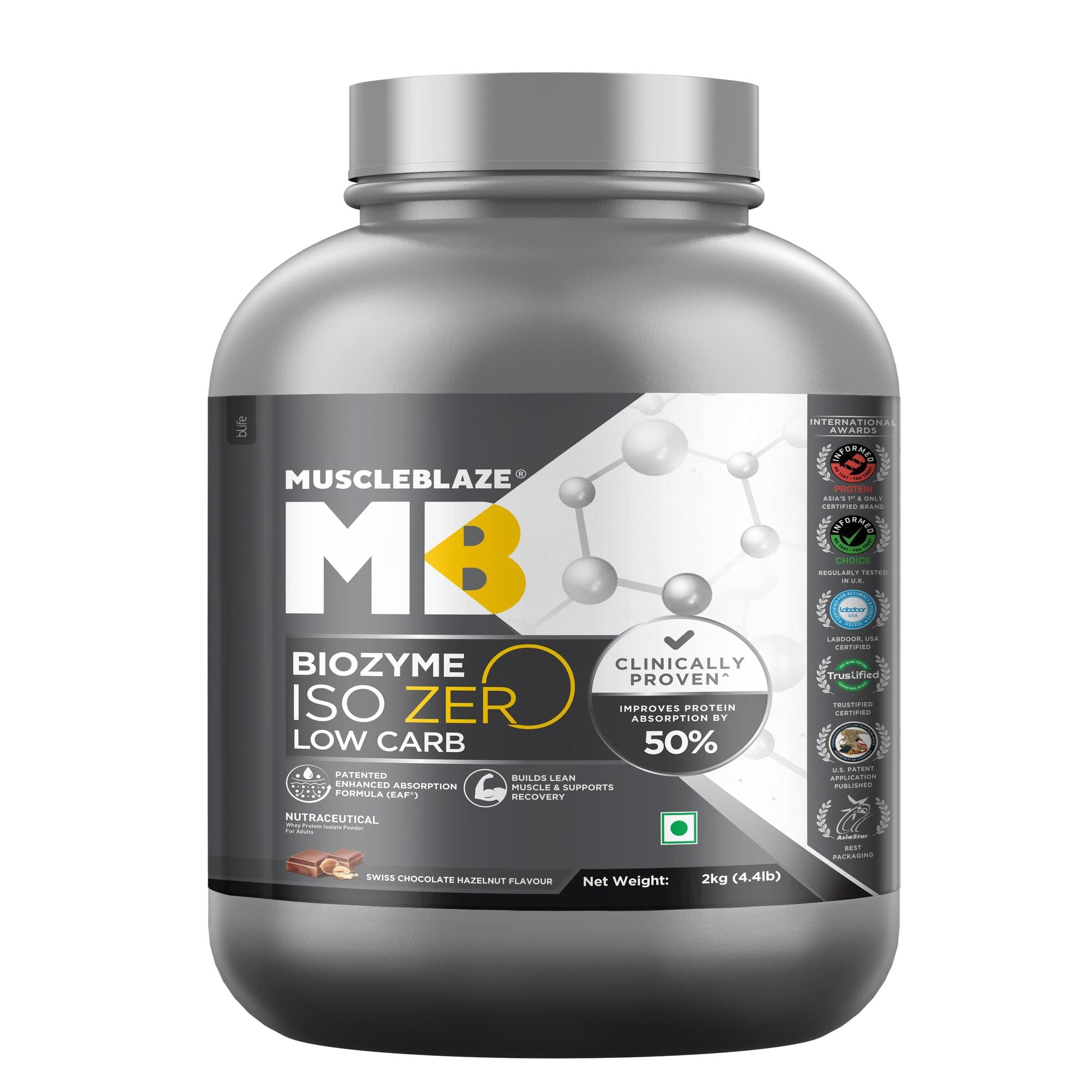 MuscleBlaze Biozyme Iso-Zero, Low Carb Whey Protein Isolate, 26.4g Isolate Whey Per Scoop (Swiss Chocolate Hazelnut, 2kg / 4.4lbs) with USA Patent-Published Enhanced Absorption Formula (EAF®)