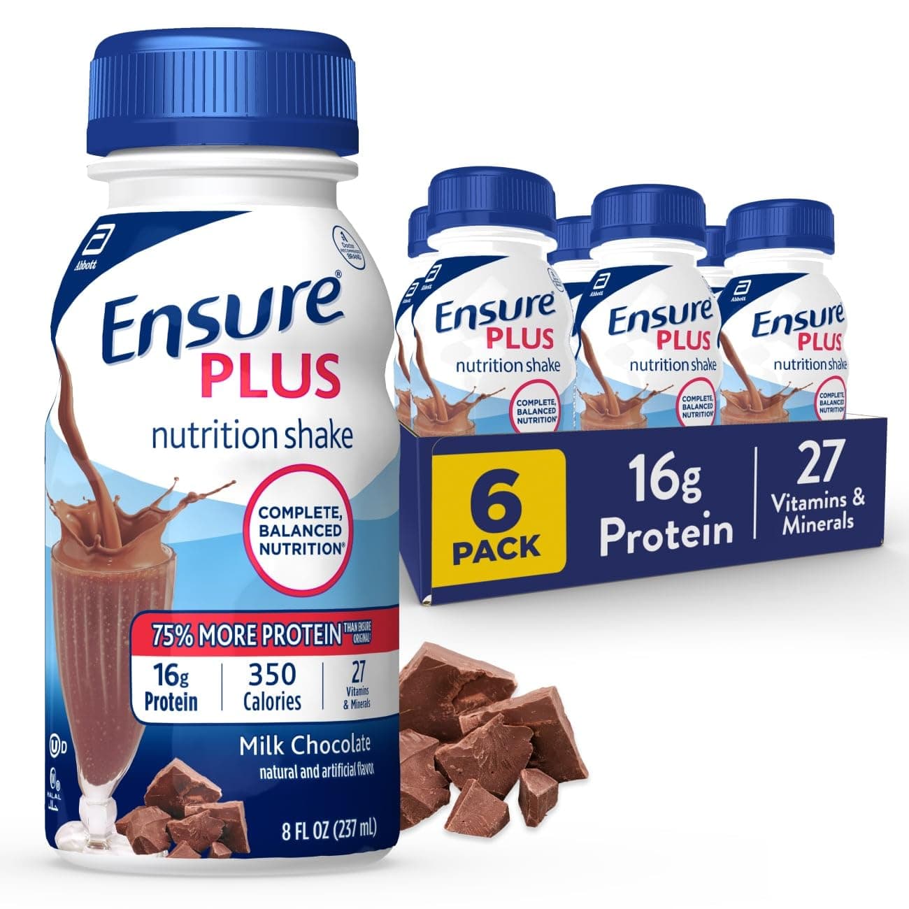 Ensure Plus Milk Chocolate Nutrition Shake | Meal Replacement Shake | Ready To Drink | 16g Protein and 27 Vitamins and Minerals | 8 fl oz - 6 Pack