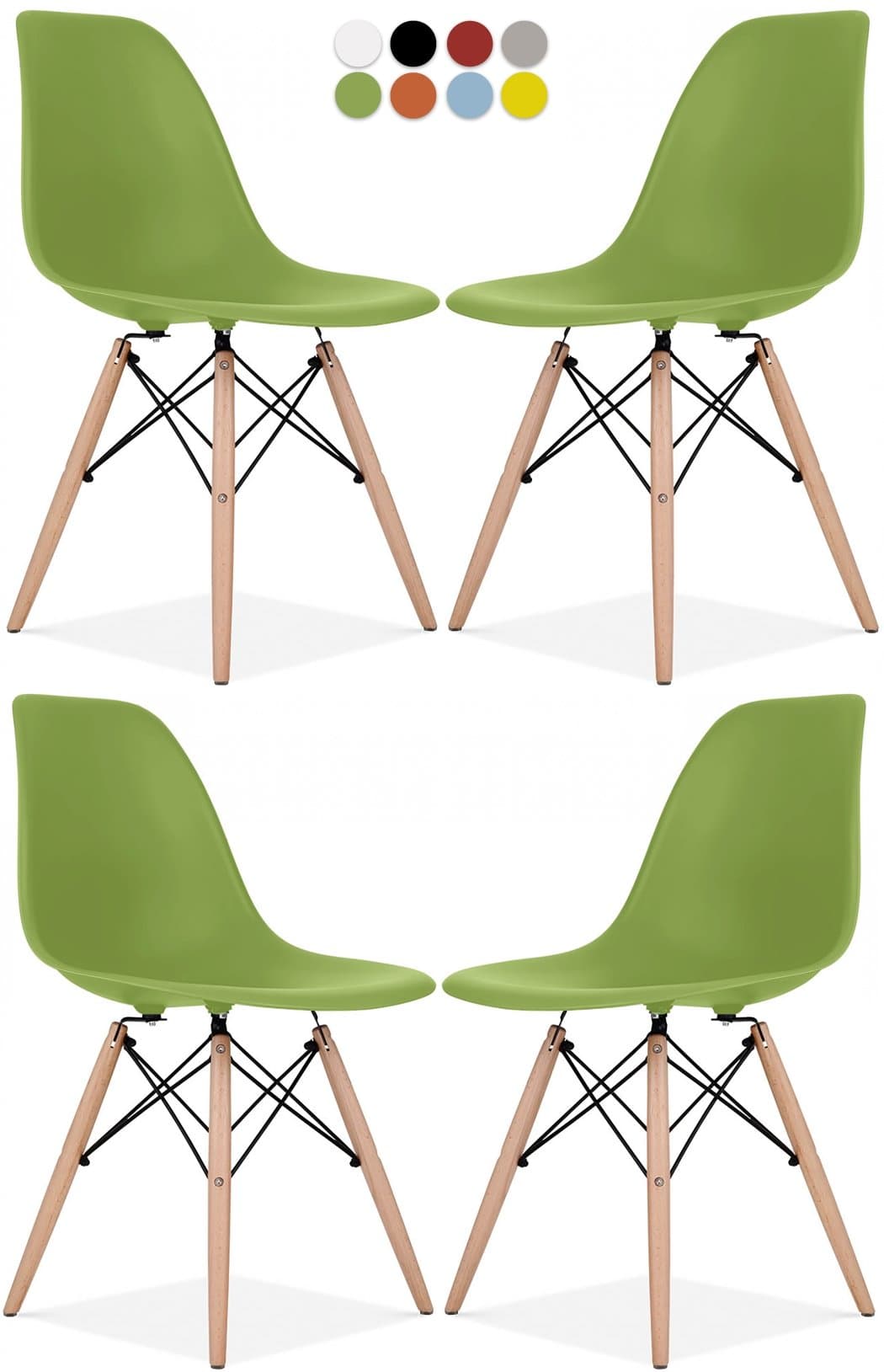 Mid Century Modern Molded Shell Chair with Dowel Wood Eiffel Legs - Set of 4 - for Dining Room, Kitchen, Bedroom, Lounge - Easy-Assemble & Clean - Green