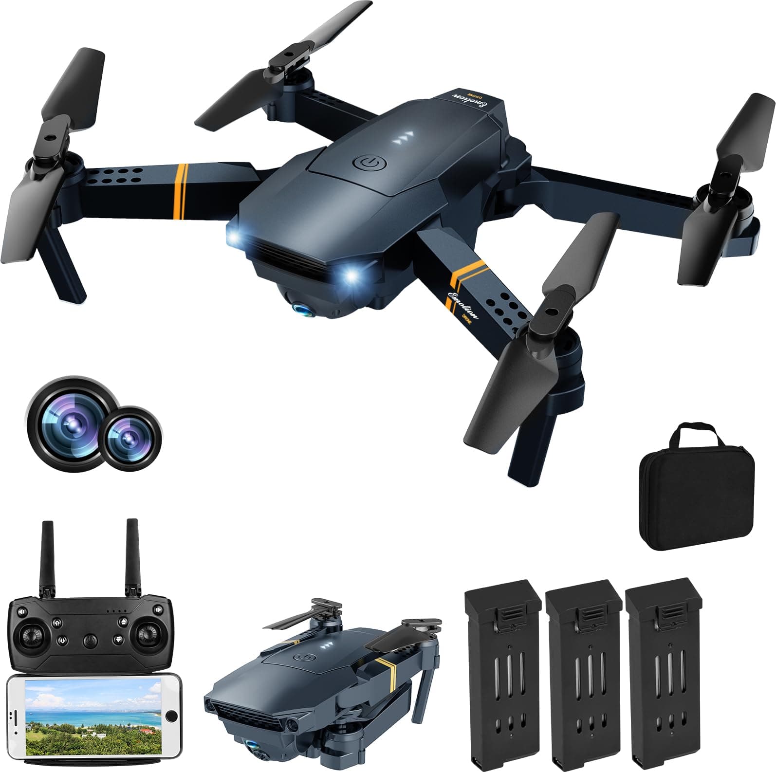 Drones with Camera for Adults, Foldable RC Quadcopter, Helicopter Toys, 1080P FPV Video Drone for Beginners, 2 Batteries, Carrying Case, One Key Start, Altitude Hold,Headless Mode,3D Flips