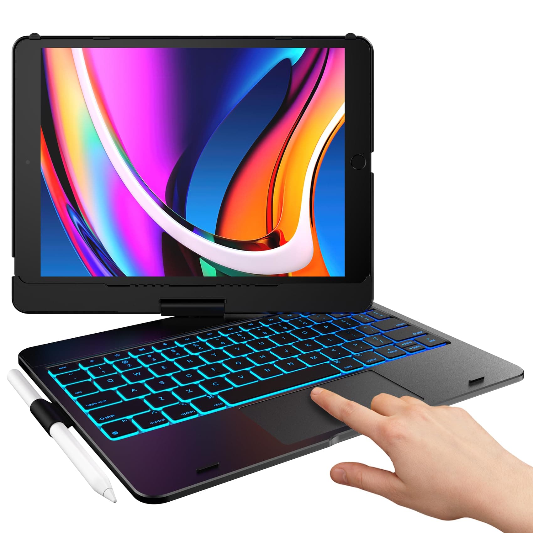 Touch Keyboard Case for iPad 10.2-inch (9th/8th/7th Gen),Air 3, Pro 10.5" - Multi-Touch Trackpad, 360° Rotatable, 11 Color Backlight, Thin & Light, Black