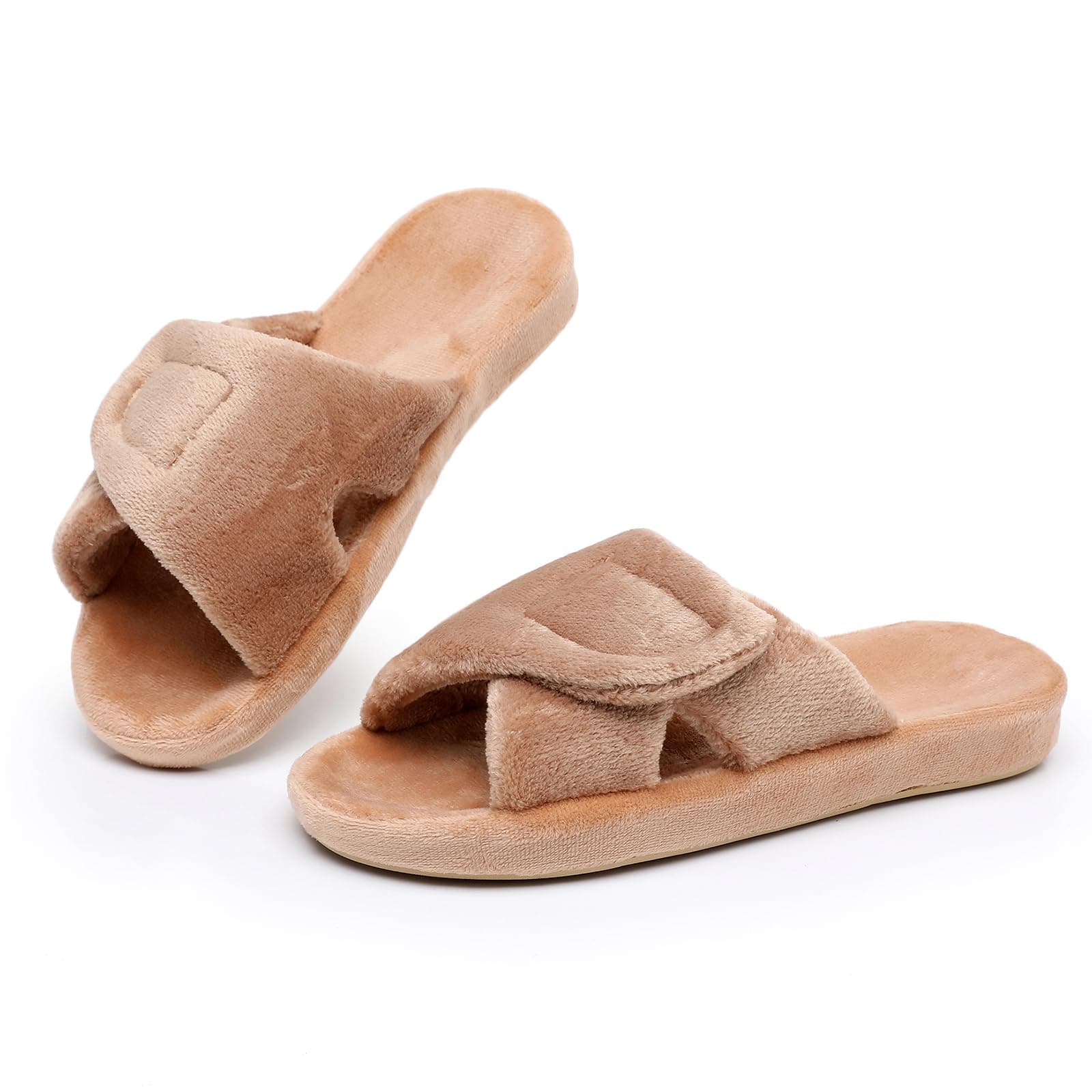 Git-up Women's Adjustable Diabetic Slippers Memory Foam House Shoes Cozy Arch Support Orthotic Heel Cup Arthritis Edema Slippers Non Slip Rubber Sole, Open Toe Fuzzy Slide Sandals for Ladies