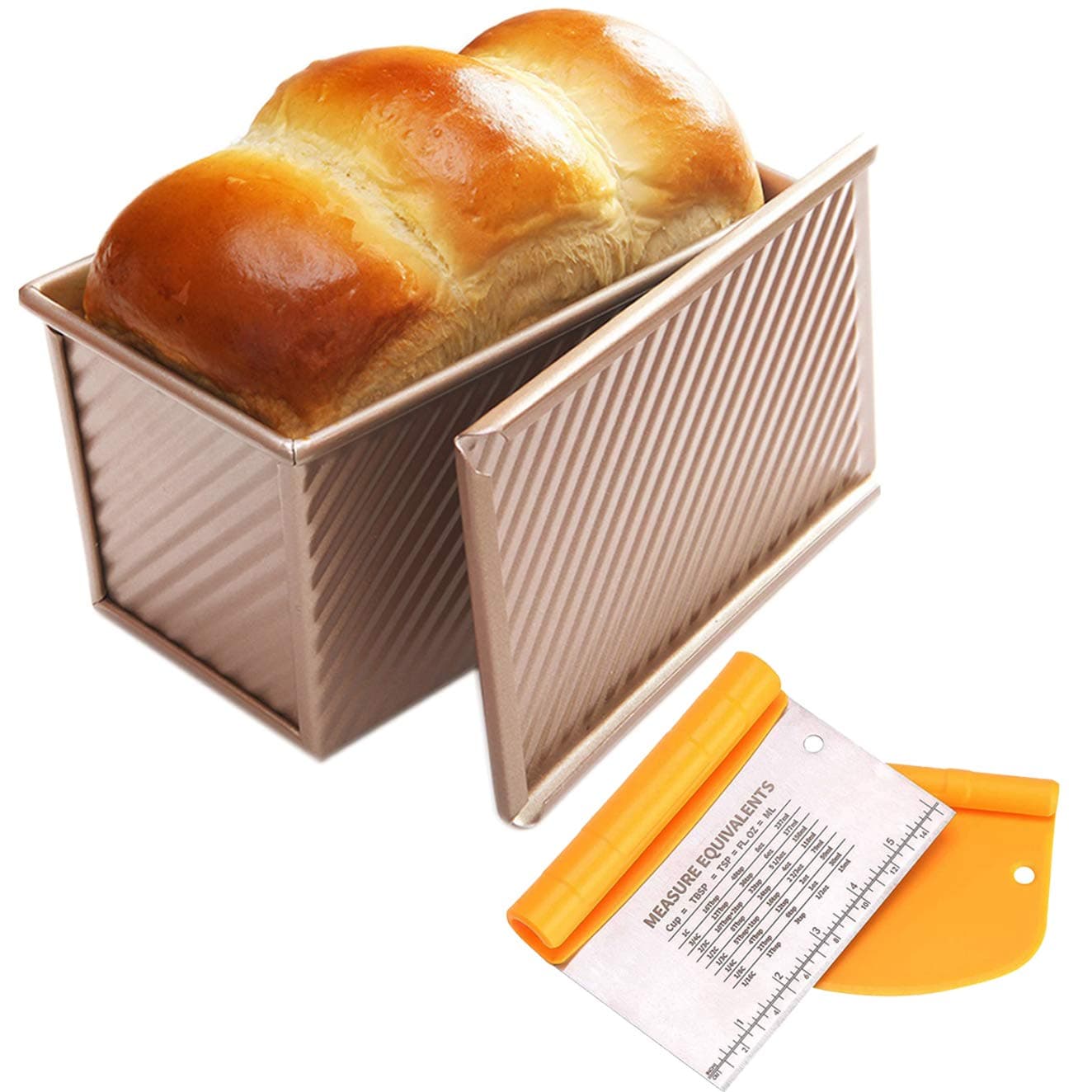 Pullman Loaf Pan with Lid 1lb (450g) + Bench Dough Sc Set for Baking - NonStick Bread Baking Pan with Cover - Bakeware Bread Toast Mold with - Carbon Steel Corrugated
