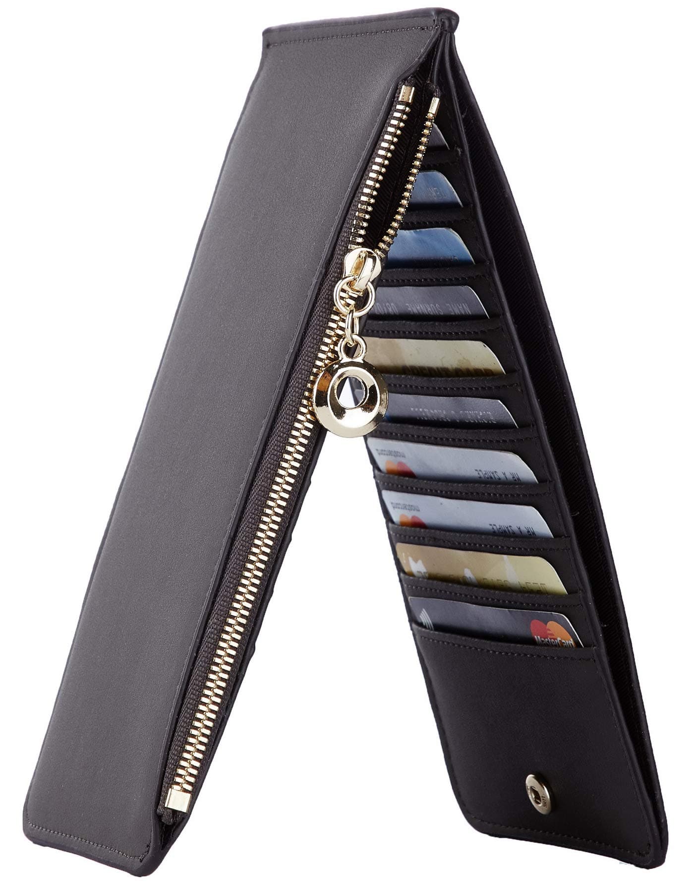 Womens RFID Blocking Genuine Leather Multi Card Organizer Wallet with Zipper Pocket