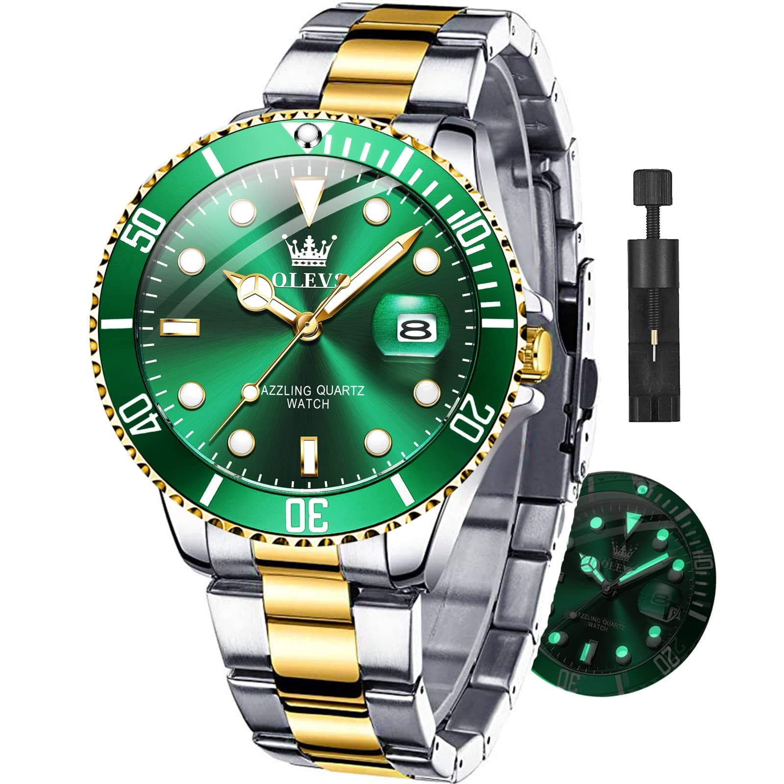 Watches for Men with Date Luxury Big Face Waterproof Mens Wristwatch Analog Dress Two Tone Stainless Steel Man Watch Luminous Relojes De Hombre Calendar(Green/Blue/Black Dial