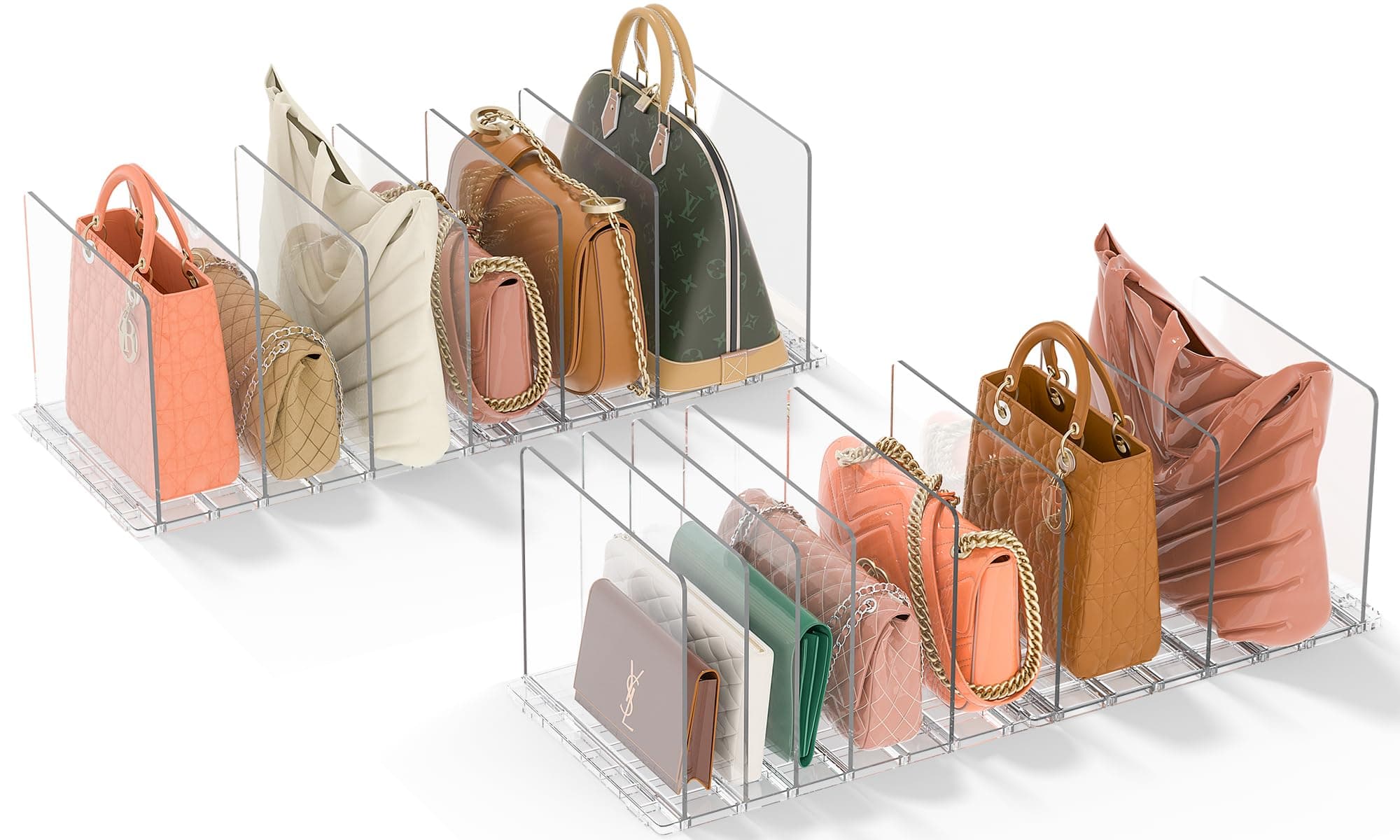 GoMaihe Bag & Purse Organizer for Closet: 4 Sets Adjustable Clear Handbag Storage Shelf - Plastic Clutch Dividers | Minimal | Keep Purses upright