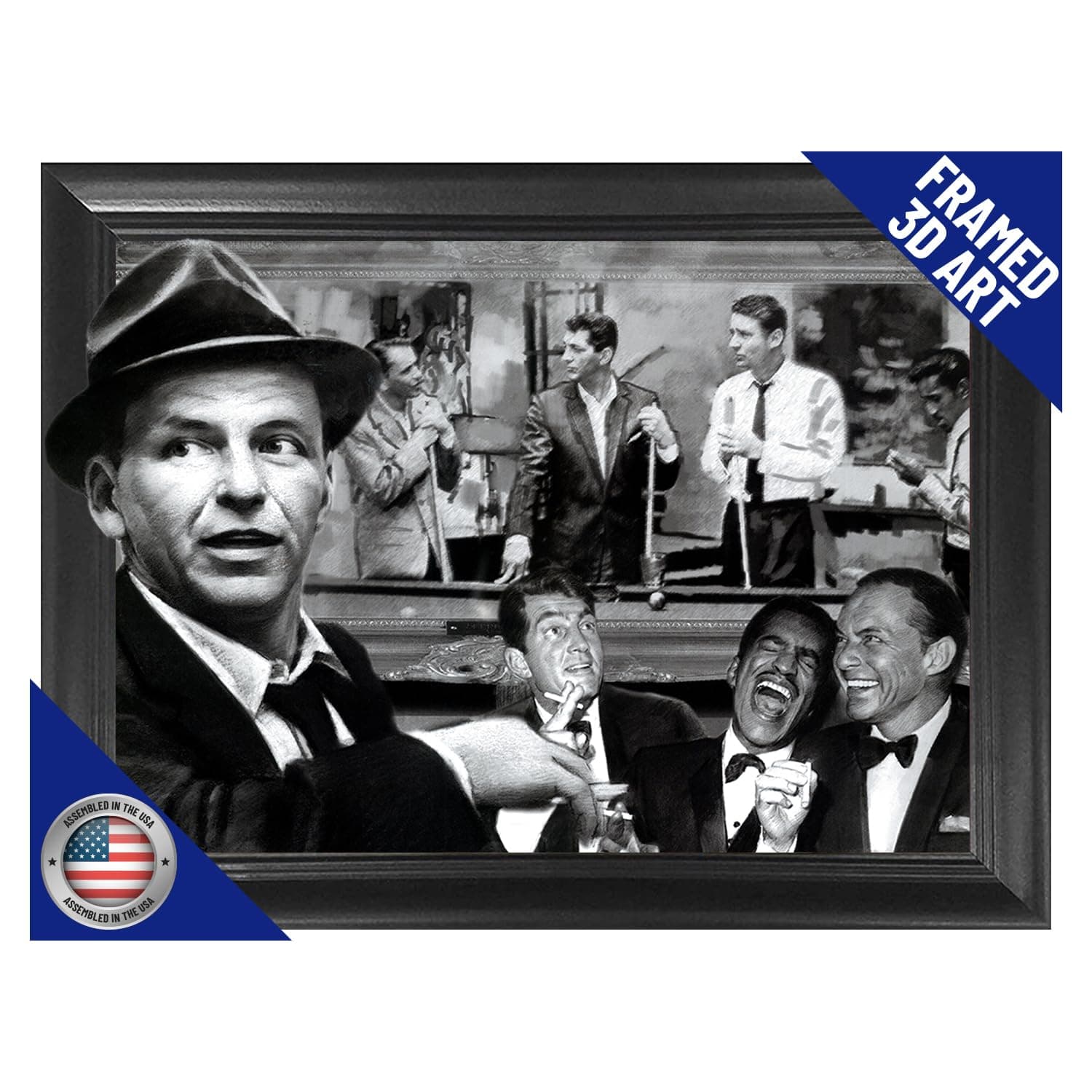The Rat Pack Shooting Pool 3D Poster Wall Art Decorative Framed Print | 14.5x18.5 Inches | Lenticular Posters & Photograph | Anniversary Gifts for Men & Girls Bedroom | Frank Sinatra Dean Martin & Sammy Davis Junior