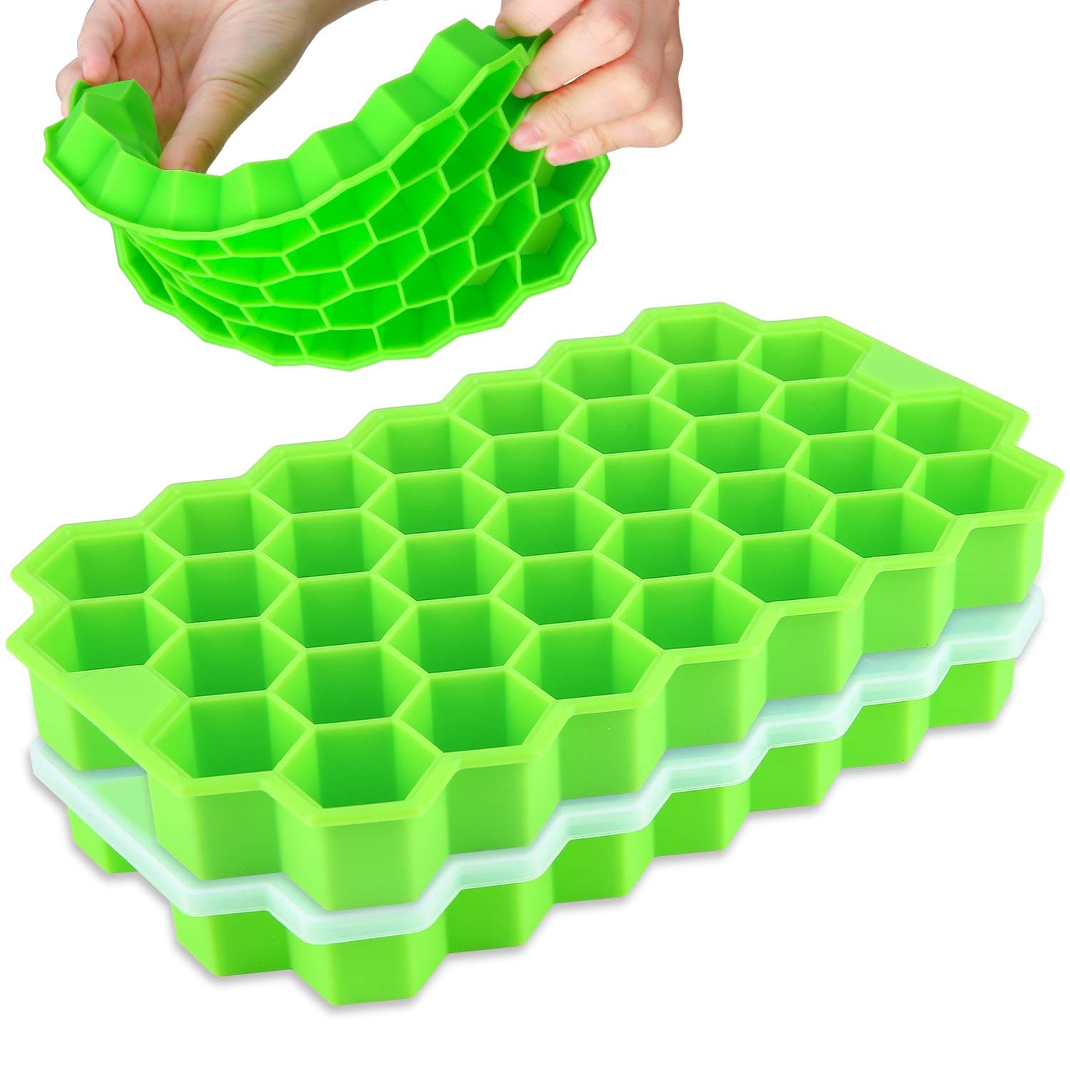 Ice Cube Trays with Lids,Bomstar 2 Pack Food Grade Silica Gel Flexible 74 Ice Trays with Removable Lid,BPA Free Ice Cube Trays for Whiskey Storage,Cocktail,Beverages