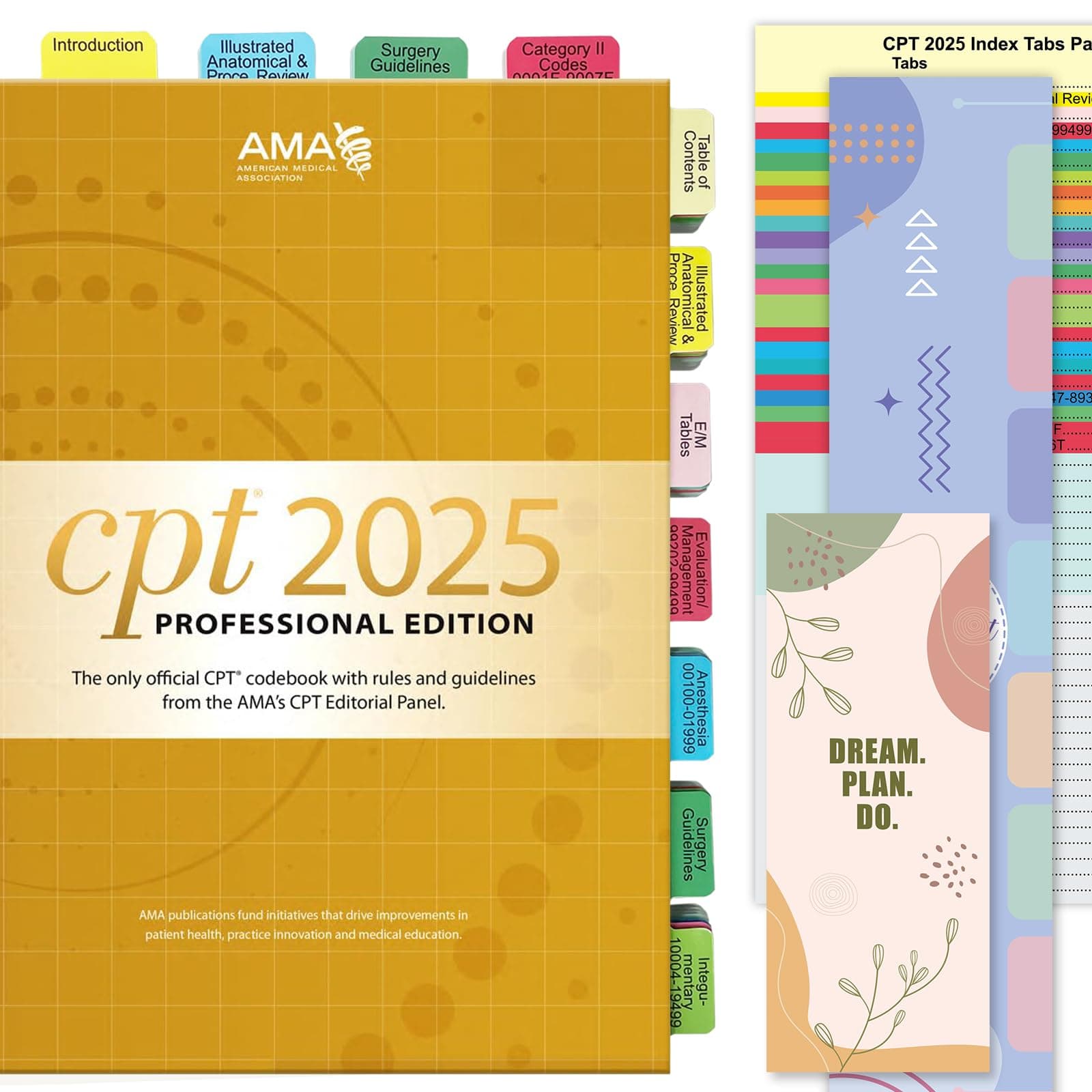 Upgraded Index Tabs for CPT 2025 Professional Edition, Complete CPT Book Tabs, Laminated, Color-Coded & Long-Last, with Page Numbers and Alignment Guide & Inspirational Bookmark (Book not Included)