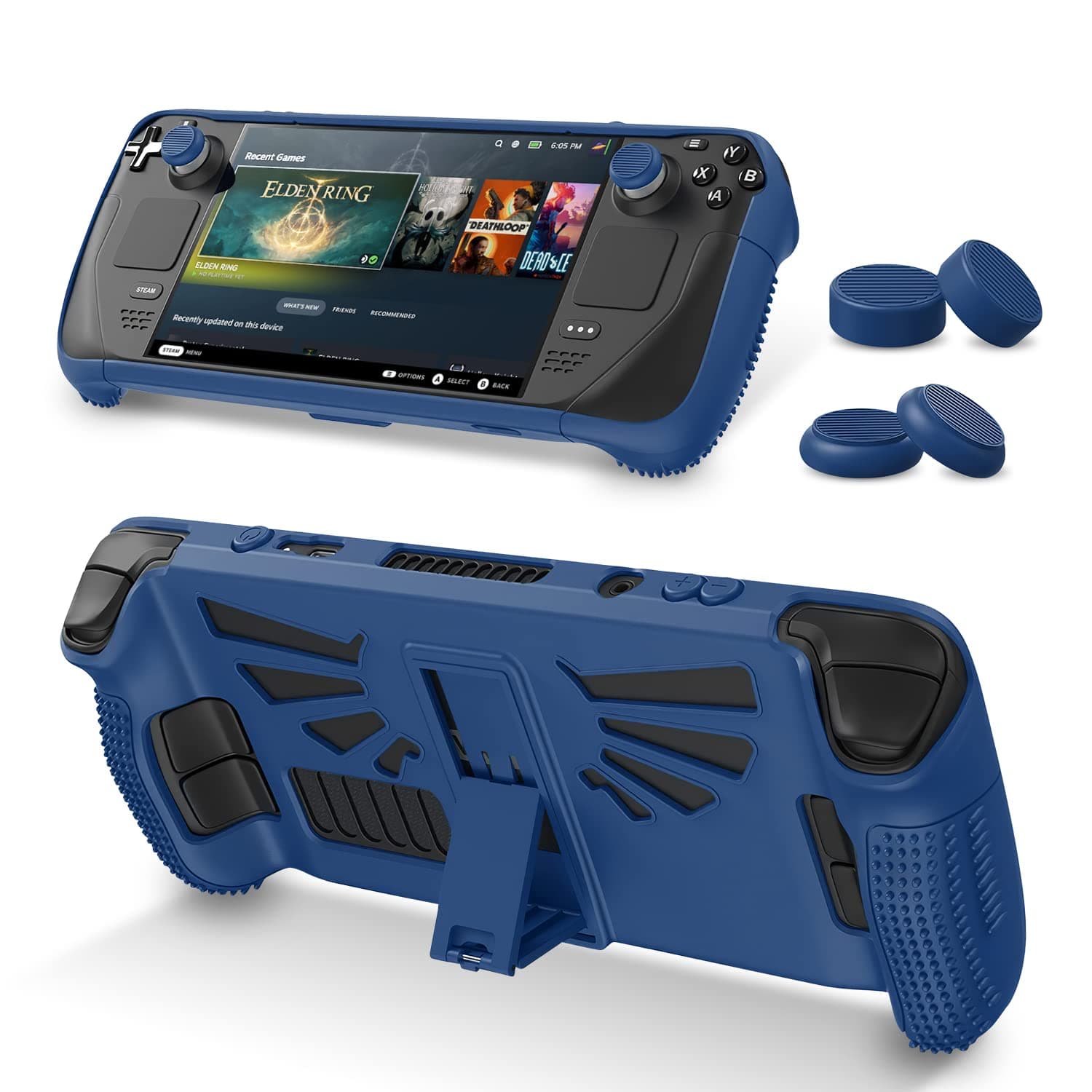 Steam Deck Case with Stand , Kickstand TPU Accessories Protector Case for Valve Steam Deck Console, Stream Deck Protective Cover Skin Shell with 2 Pairs Silicone Thumb Grips Caps-Blue