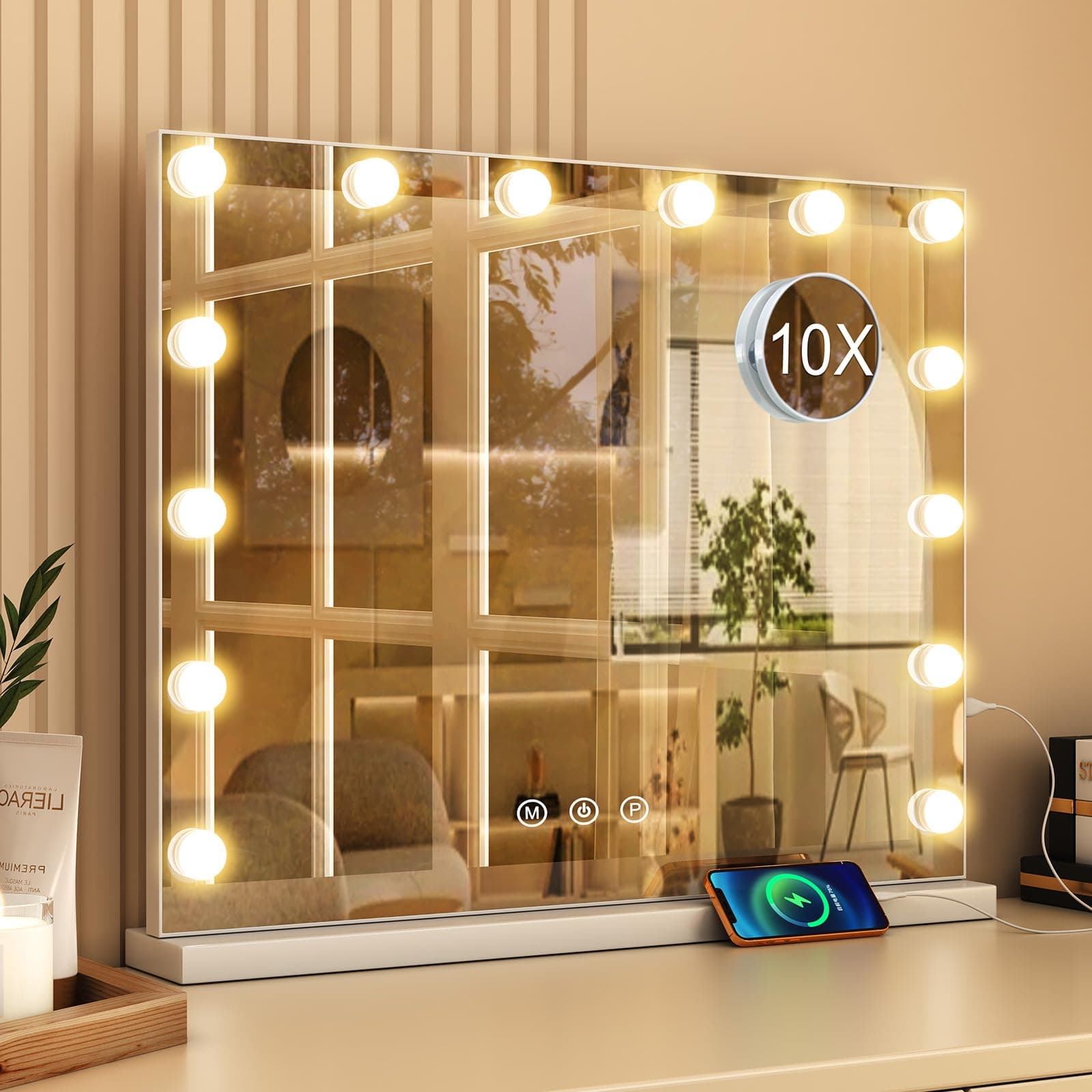 Hollywood Vanity Mirror with 14 Dimmable Bulbs, LED Makeup Mirror with 3 Color Modes, Smart Touch Mirror with Adjustable Brightness, 10X Magnifier, Tabletop 50 x 42 cm (White)