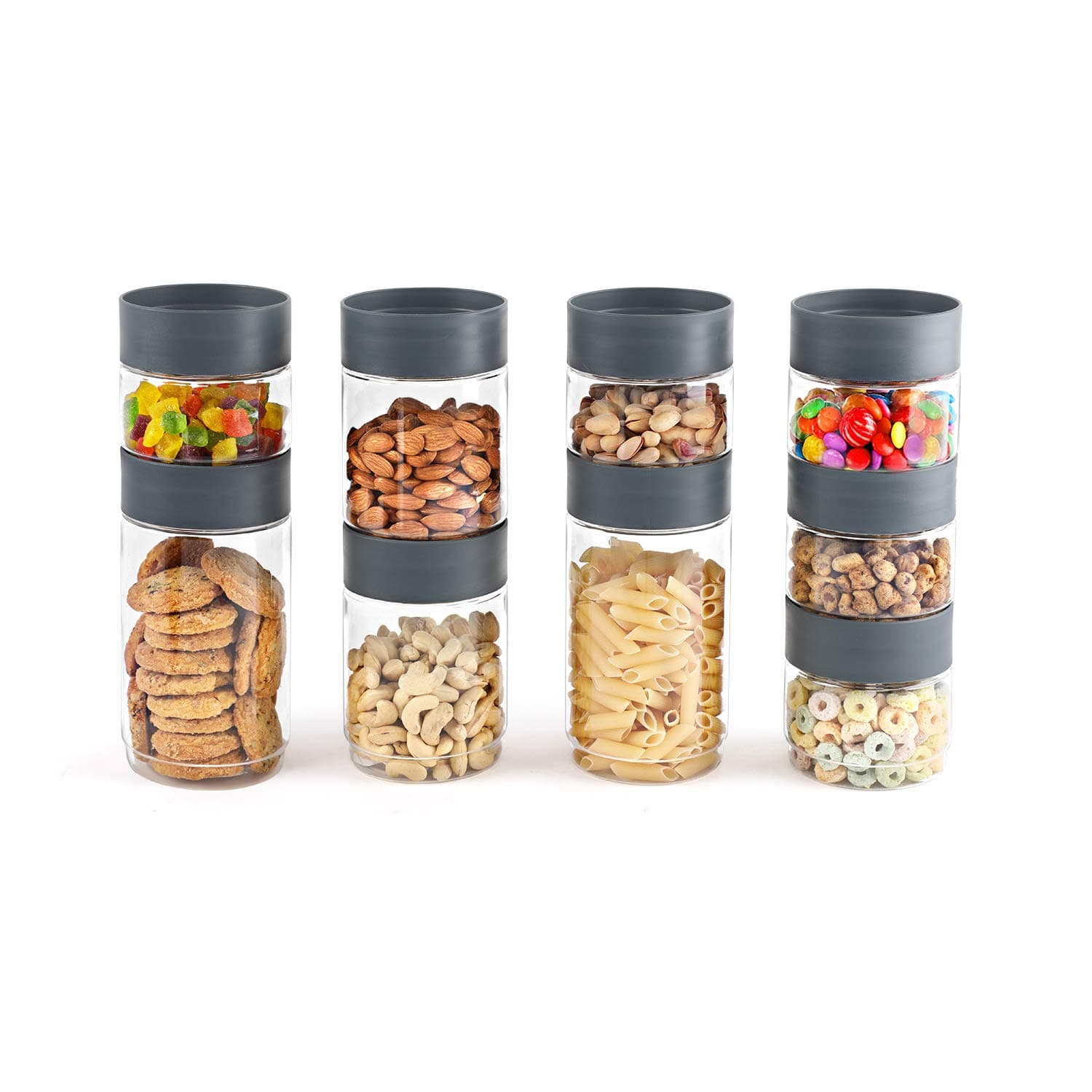 Modustack Storage Container Jar Set of 9 (500ml x 5, 750ml x 2, 1000ml x 2), Grey| Food Grade, Stackable, See Through Pet Organizer| For Storage of Food, Pulses,Spice, Cereals, Cookies, Dry Food