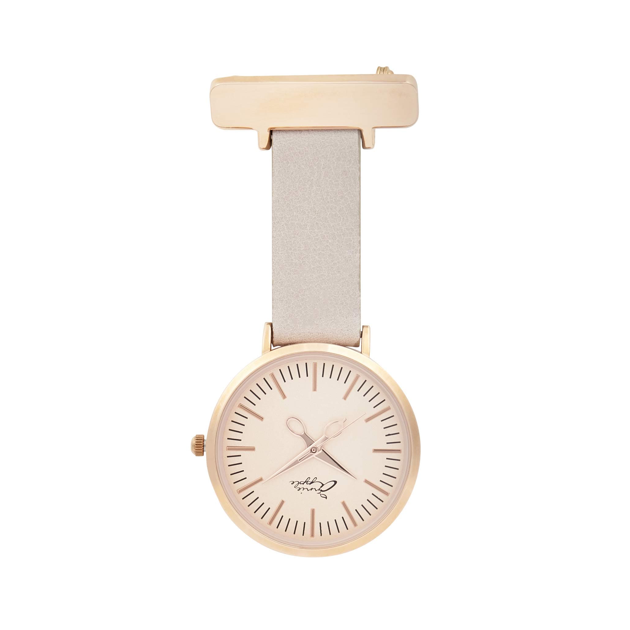 Annie Apple Designer Light Grey Leather Strap White Rose Gold Dial Scissor Hands Nurses Nurse Beautician Hairdresser Fob Pocket Watch