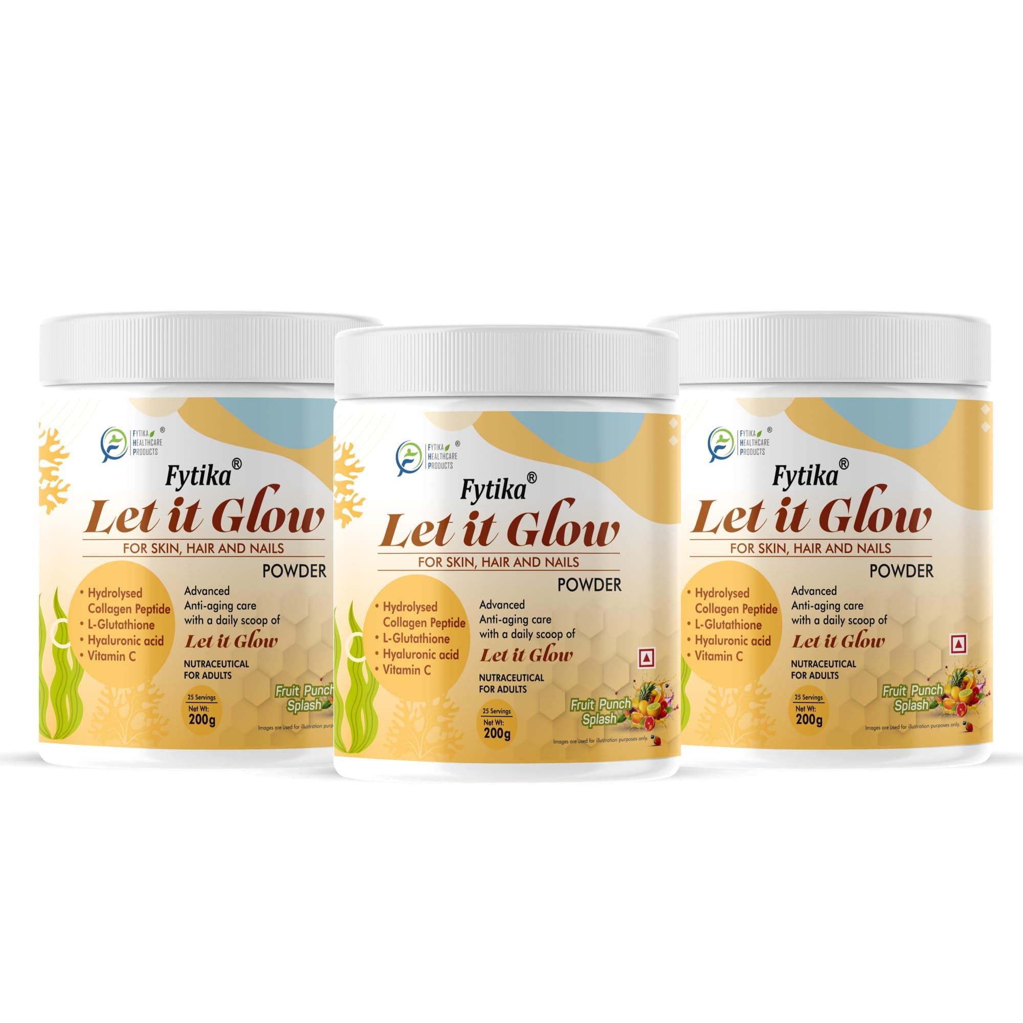 - Let It Glow 200G Each (Fruit Punch Splash, Pack of 3) Marine Collagen Supplement for Men & Women|L- Glutathione, Vitamin C, Sesbania Agati Extract|Promotes Healthy Skin, Hairs and Nails