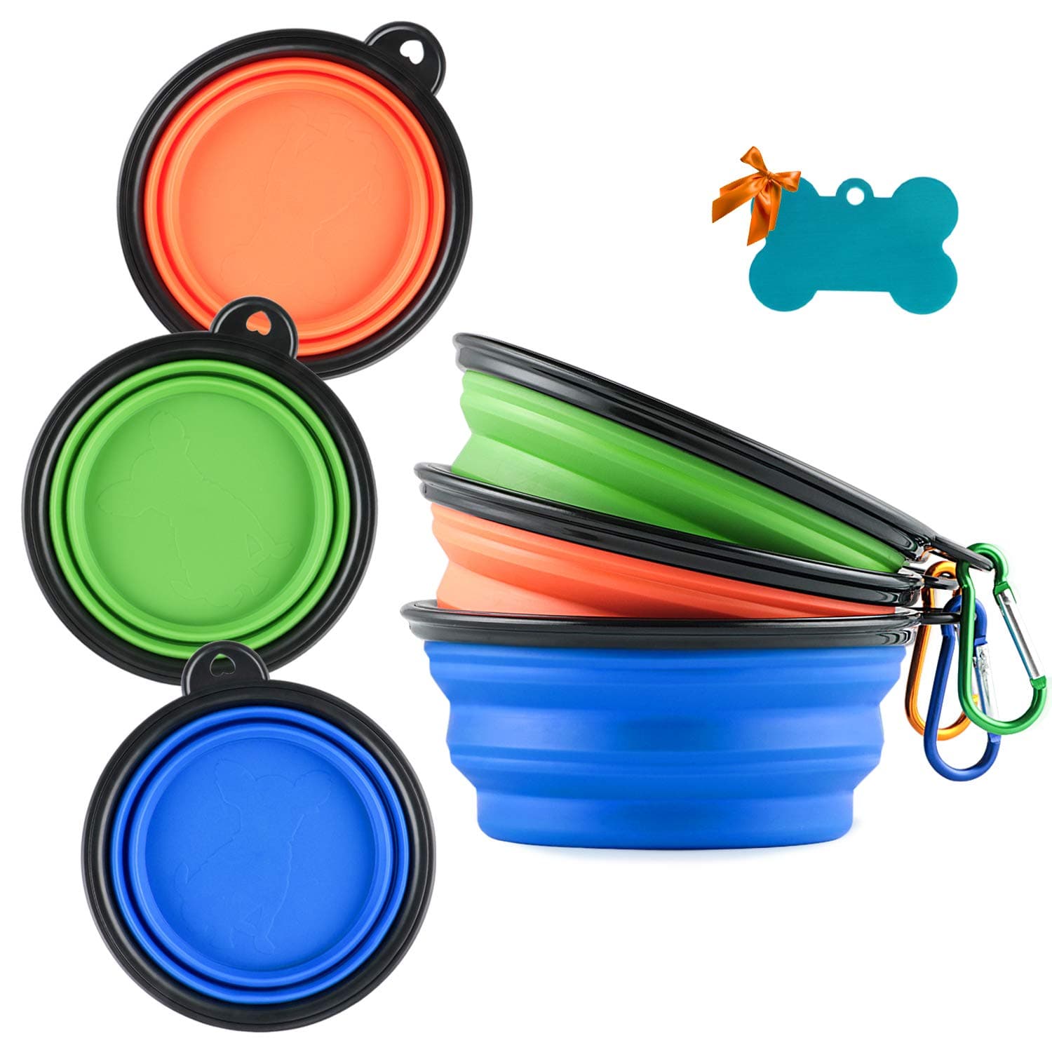 3 Collapsible Silicone Dog Bowl, Foldable Expandable Cup Dish for Small Pet Cat Food Water Feeding Portable Travel Bowl, Pet ID-Tag