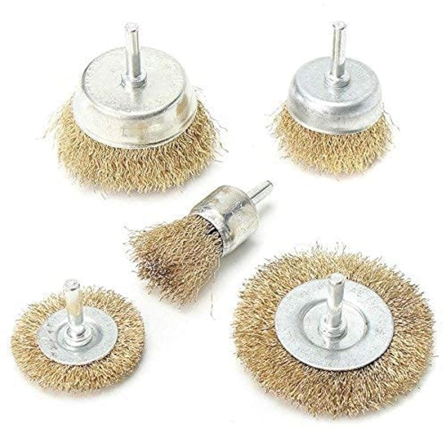 Inditrust Brass Coated Wire Brush Wheel & Cup Brush Set (5 Pcs) | 1/4-Inch Shank Drill Brush Set | Multi-Size Cleaning & Rust Removal Wire Brushes for Metal, Wood & DIY Use (Golden)