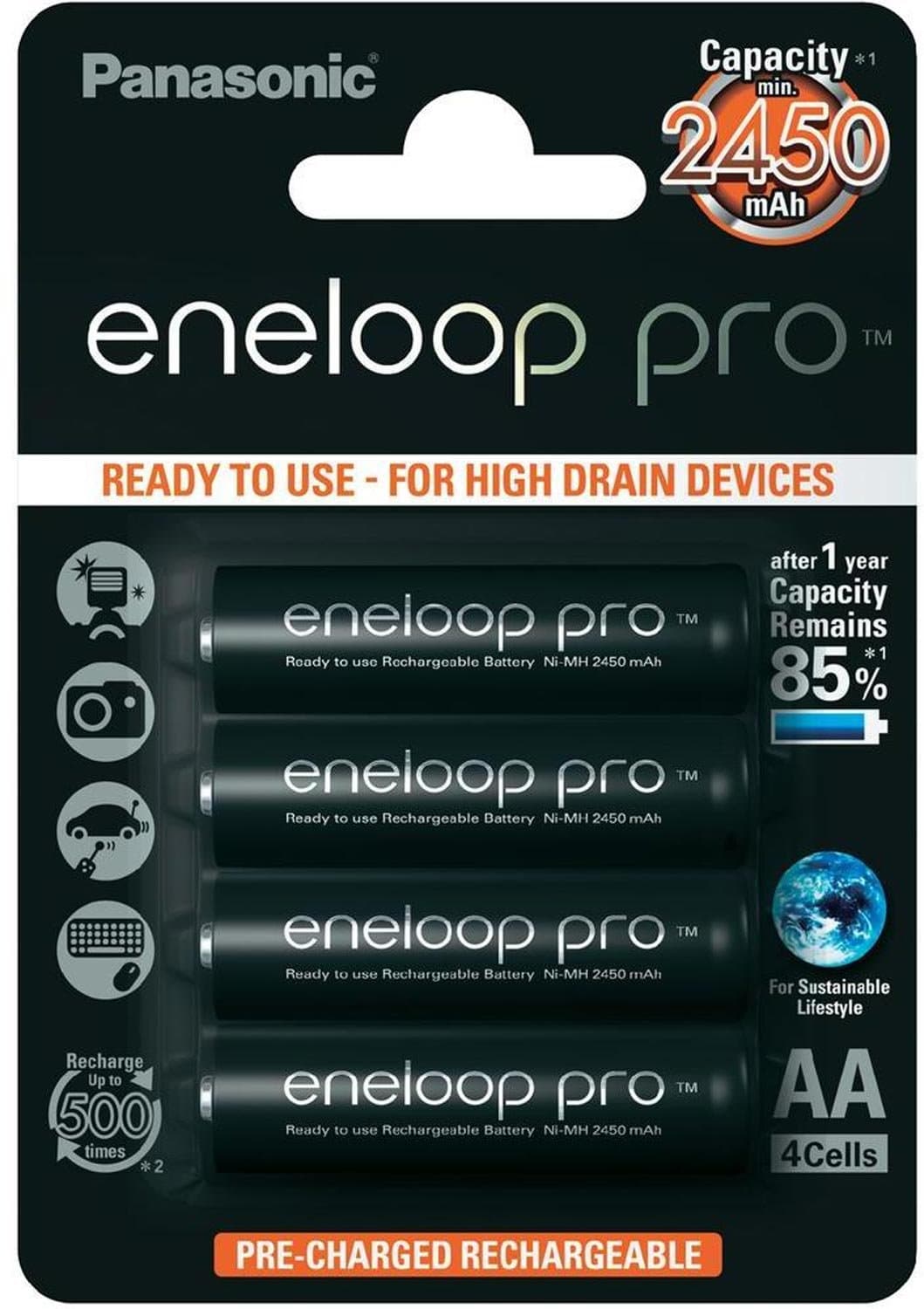 Panasonic BK-3HCCE4BE Eneloop Pro AA High Capacity Ni-MH Pre-Charged Rechargeable Batteries (Pack of 4)