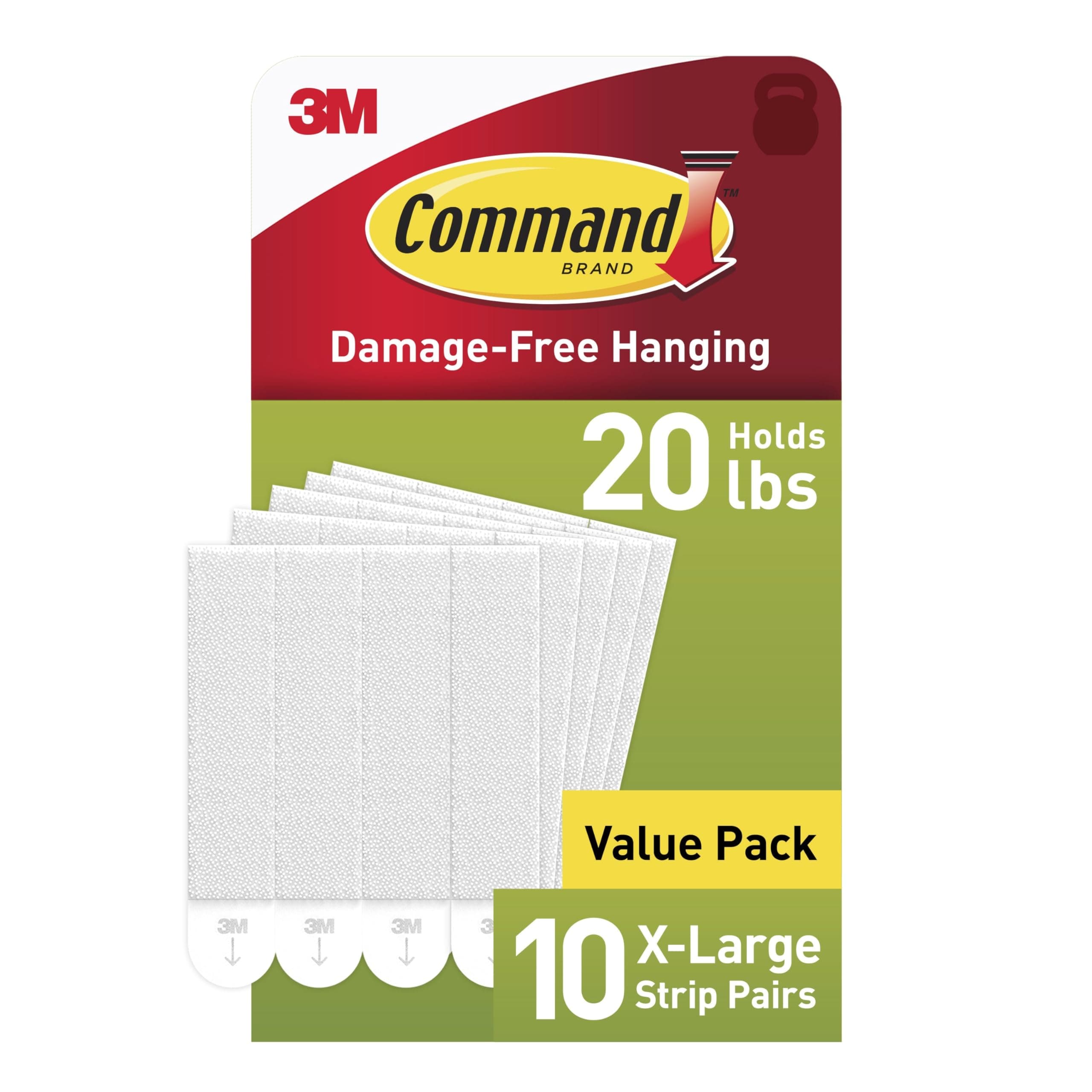 Command 20 Lb XL Heavyweight Picture Hanging Strips, Damage Free Hanging Picture Hangers, Heavy Duty Wall Hanging Strips for Living Spaces, 10 White Adhesive Strip Pairs