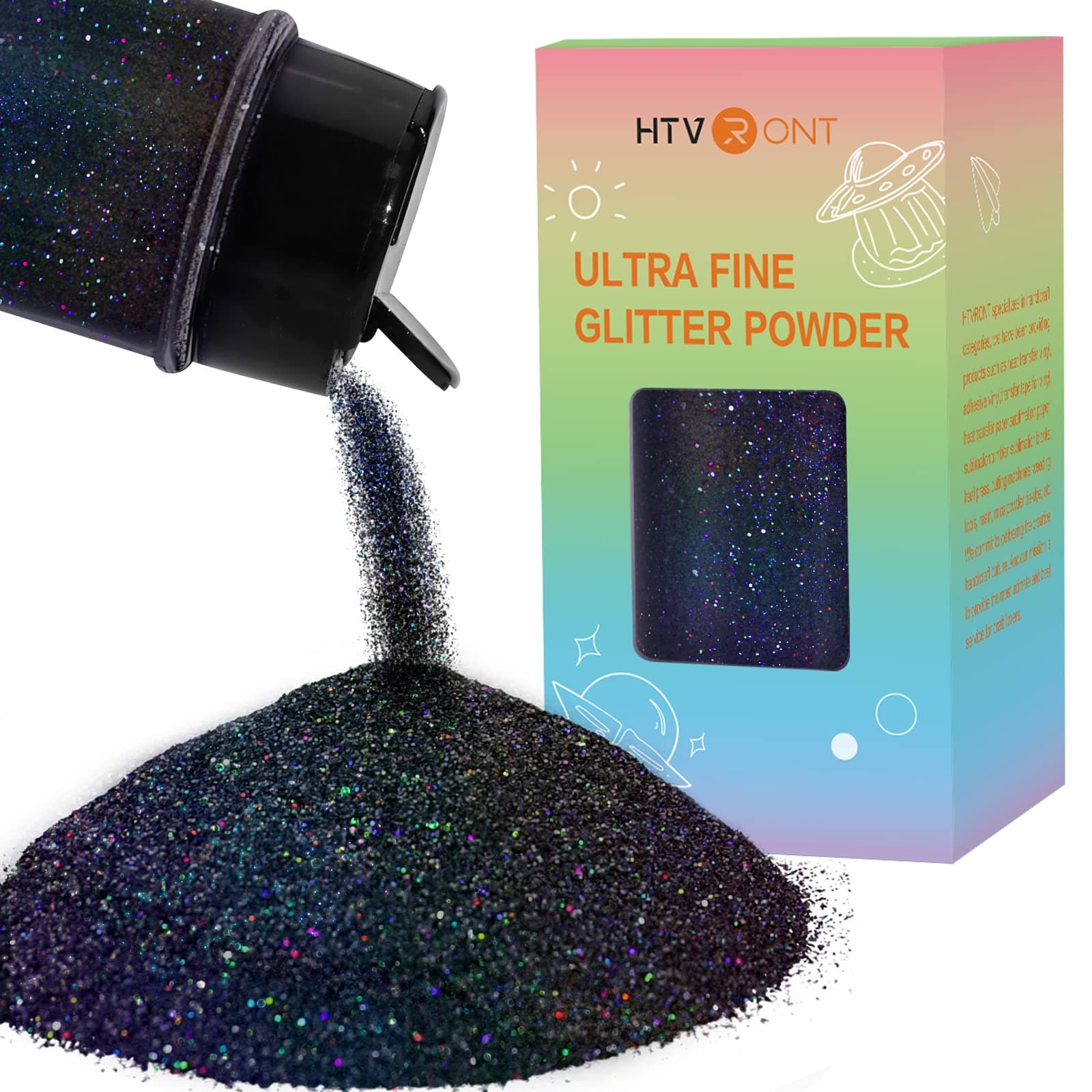 HTVRONT Holographic Fine Glitter Powder - 50 g/1.76 oz Black Glitter for Resin, 0.008" Extra Fine Glitter for Tumblers, Cards, Nail Hair Body Decors, Art and Crafts