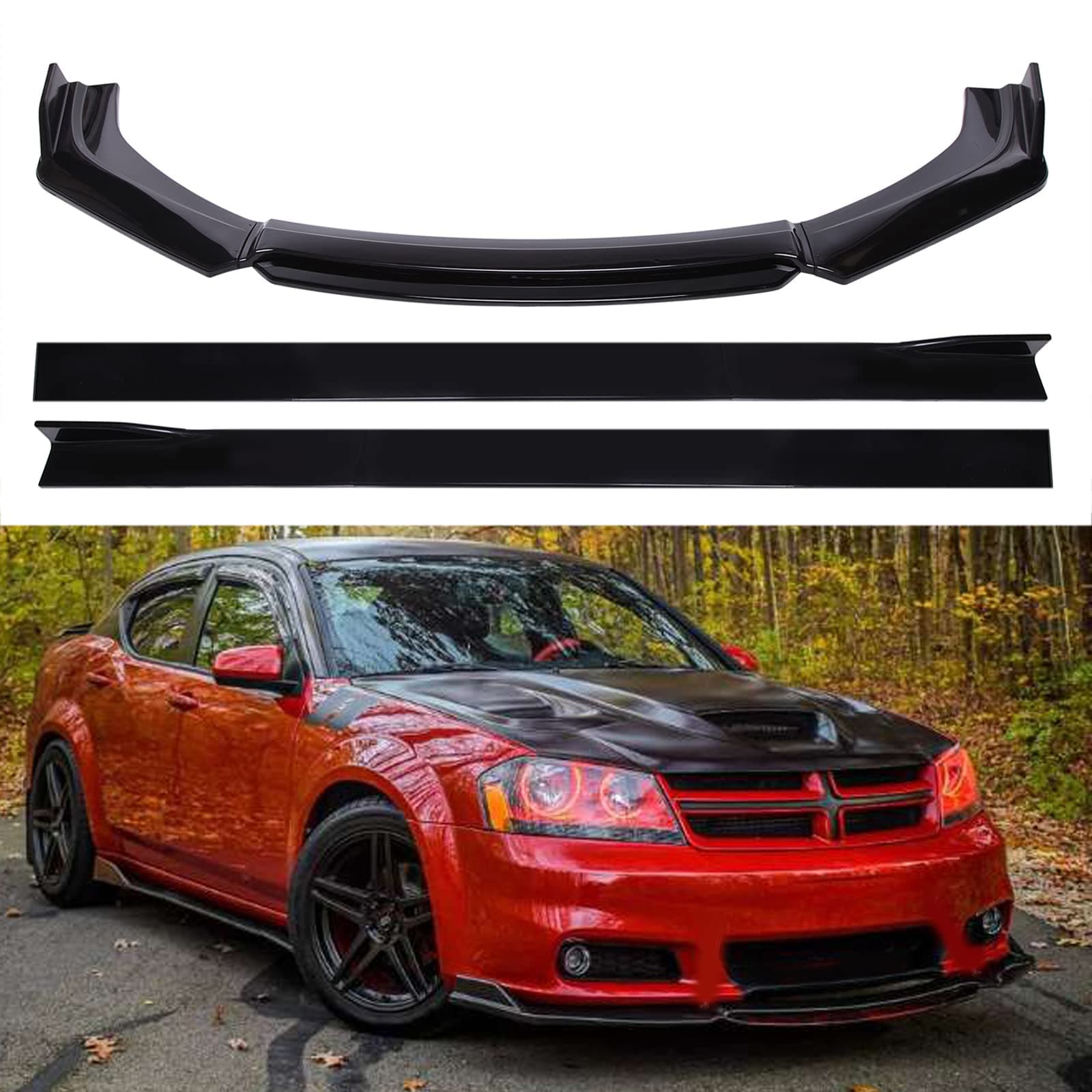Universal Front Bumper Lip Body Kit, ABS Front Spoiler Black&Red Front Bumper Lip Splitter Body Kit with Red Strut Rods (with 2.2M Side Skirt, Black-Black)