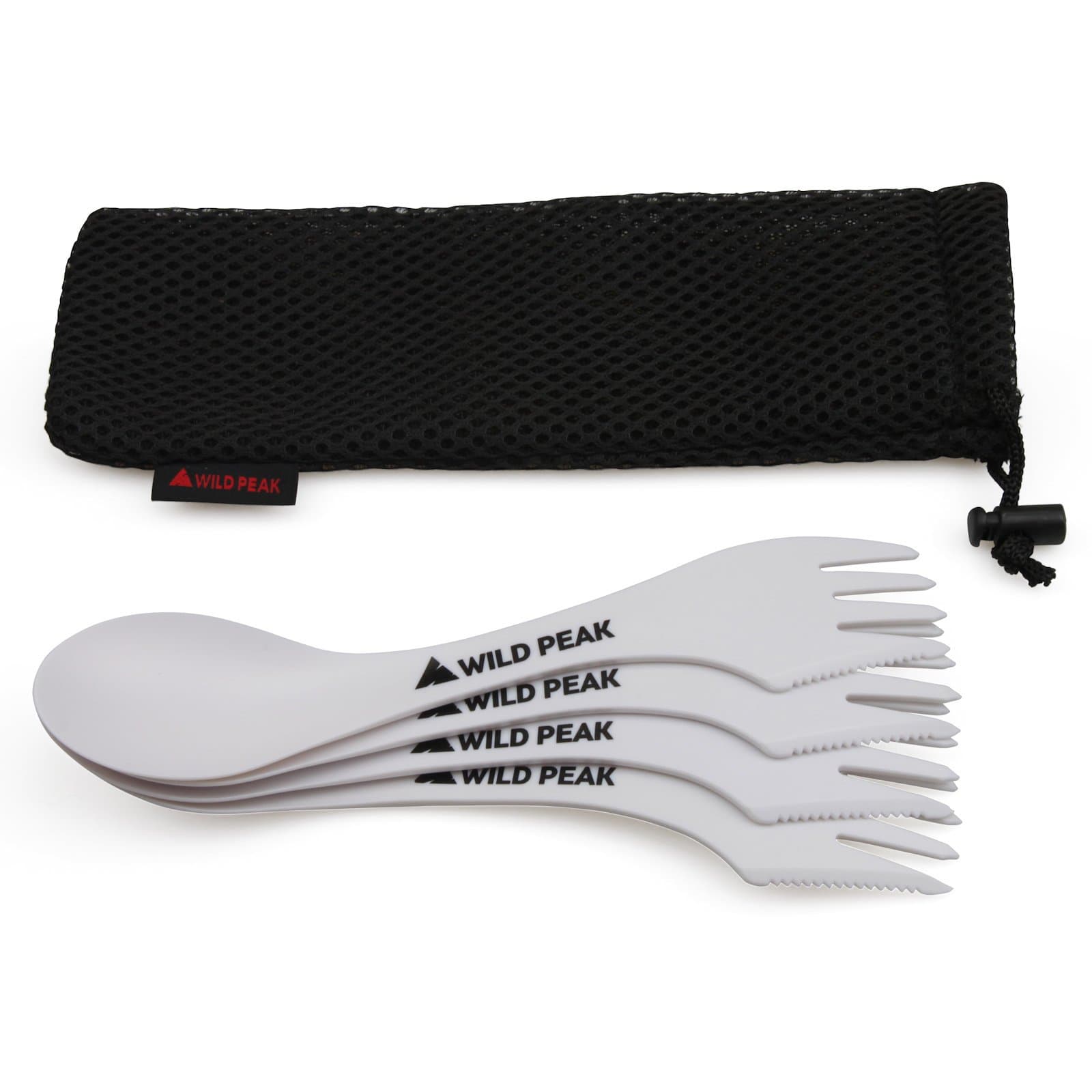 Wild Peak Plastic Spork - 4 Pack - Lightweight & Strong all in one Spoon, Fork, Knife Cutlery includes Storage Bag from
