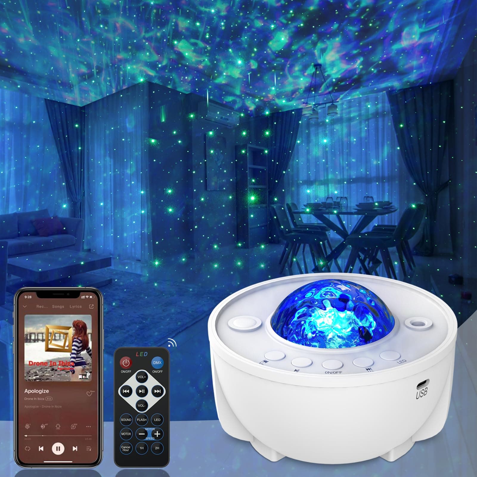 Mycket Galaxy Projector Night Light LED Projector Music Bluetooth Speaker and Remote Control Ocean Wave Lights Lamps Ceiling Projector Light Music Night Light