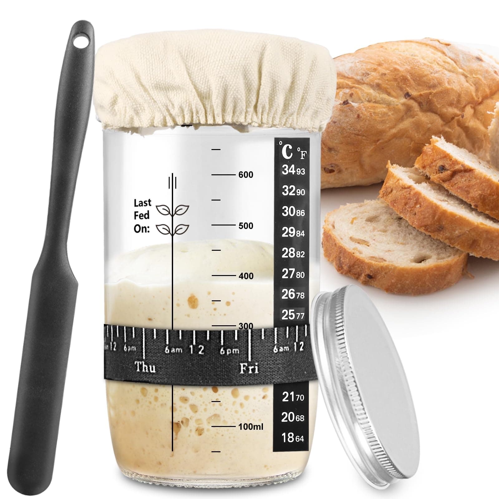 zunmial Sourdough Starter Jar, 24 oz Sourdough Starter Kit with Date Marked Feeding Band, Thermometer, Cloth Cover & Metal Lid, Reusable Sourdough Bread Baking Supplies, Home Baking Supplies