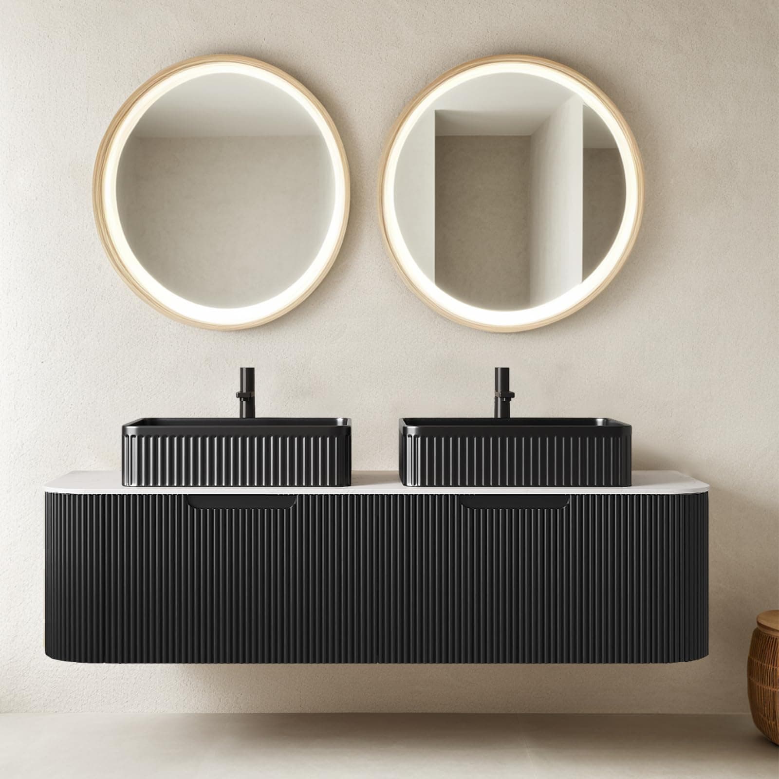 60" Floating Bathroom Vanity with Double Sink, Modern Bathroom Vanities with Marble Countertop and Rectangular Ceramic Sink, Soft-Close Design, Natural Solid Wood Cabinet, Pre-Assembled, Gloss Black